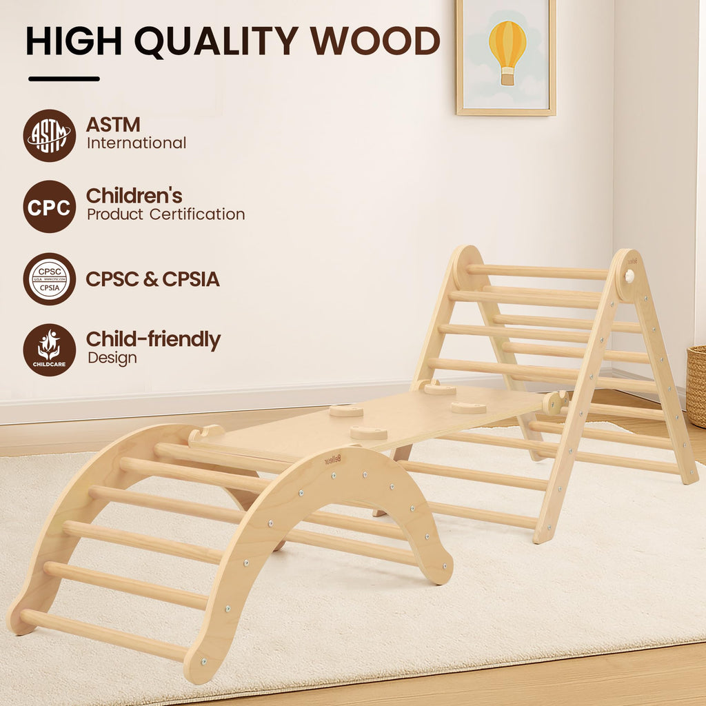 Belleur 7-in-1 Climbing Toys for Toddlers 1-3 Years Old, Foldable Wooden Pikler Triangle Set Indoor, Montessori Climbing Set with Arch, Ramp & Ladder - Natural