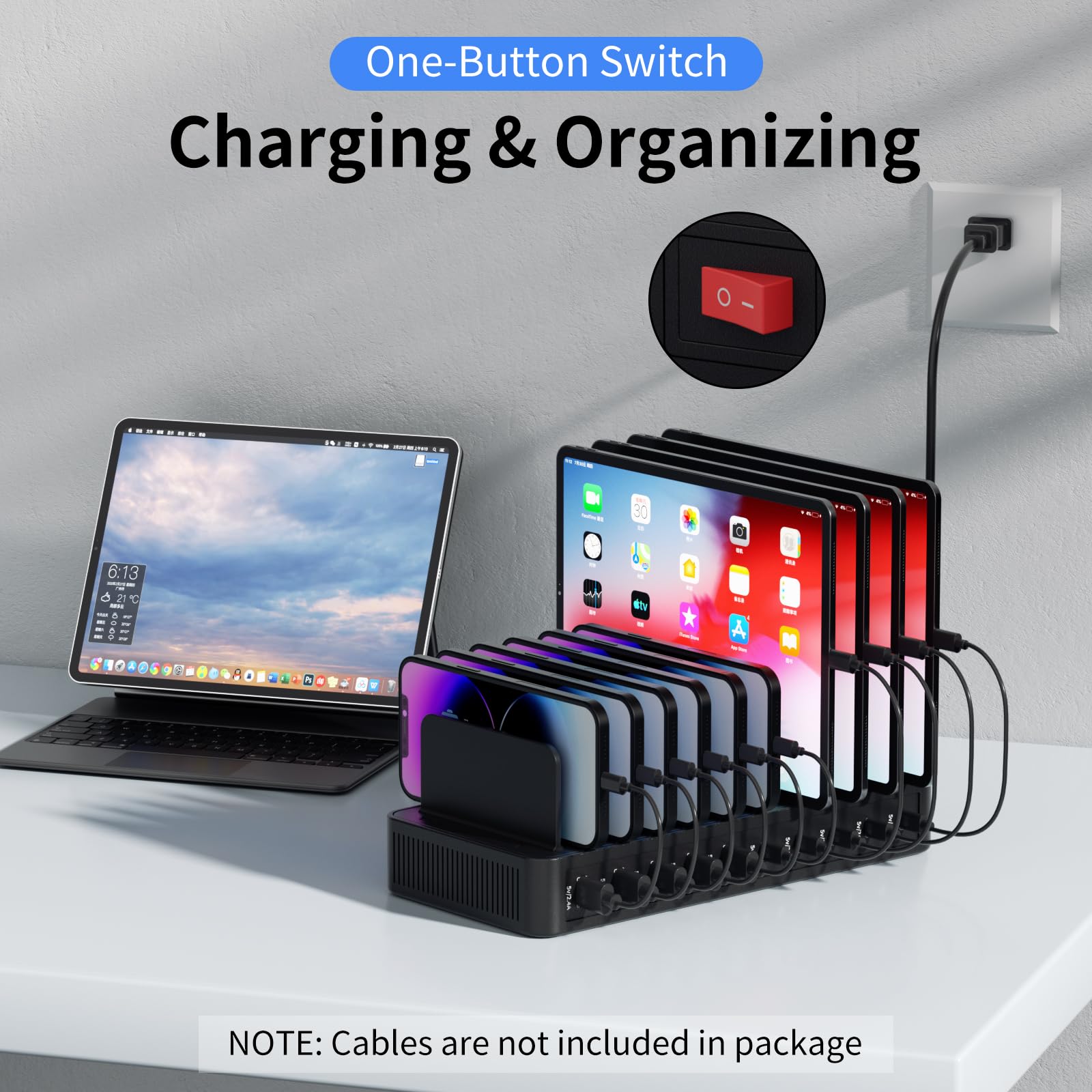 60W Charging Station for Multiple Devices, 10-Port USB Fast Charging Station with Adjustable Dividers - Device Organizer Charging Dock for iPhone, Android, iPad, Tablets & More