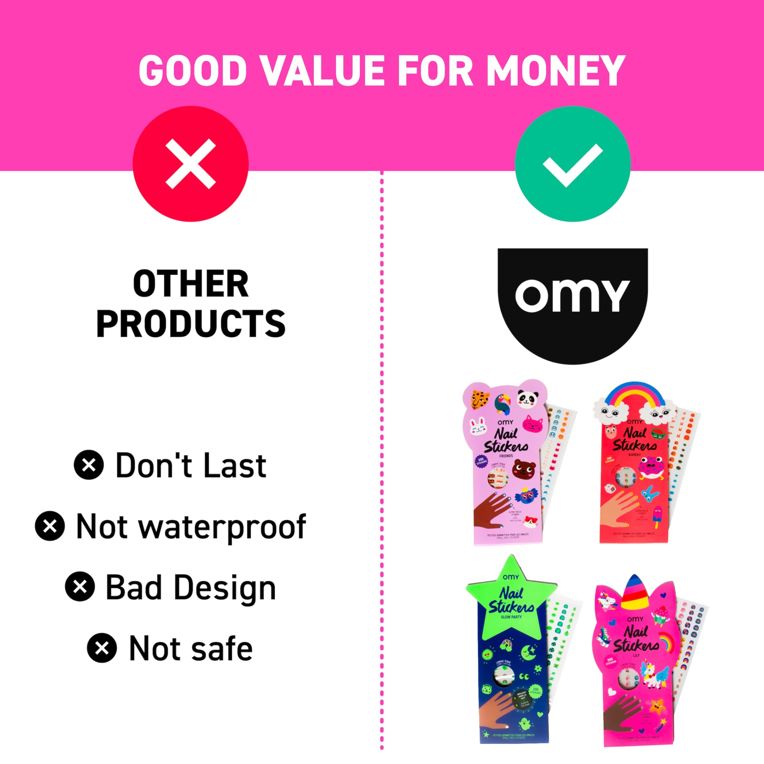 Omy Friends & Animals Nail Stickers for Kids - 200 Stickers, Waterproof, Durable, Fun, Creative Designs | Strong Enough to Last Through Hand Washing - Easy to Apply, Safe, Non-Toxic | Age 3 and Up