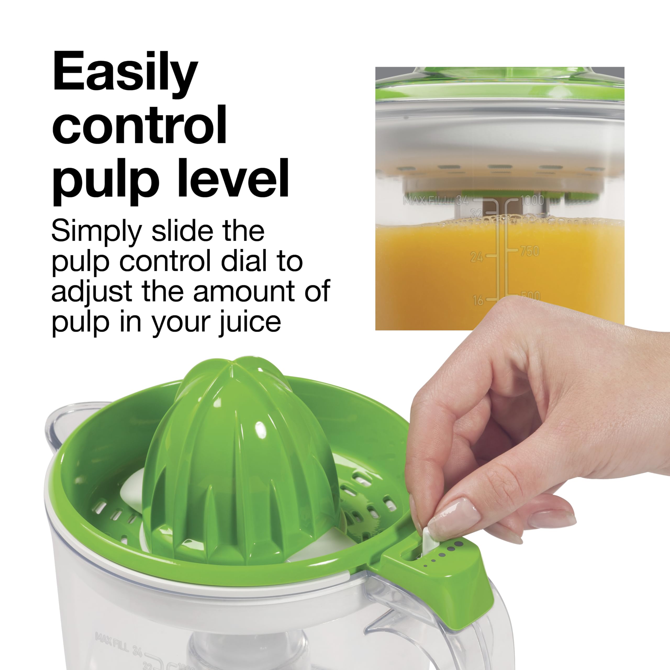 Proctor Silex Electric Citrus Juicer Machine, Large 34 oz. Pitcher, Pressure Activated, 2 Reamers for Big and Small Fruit, Pulp Control, for Orange, Lemon, Grapefruit Juice, White & Green (66340)