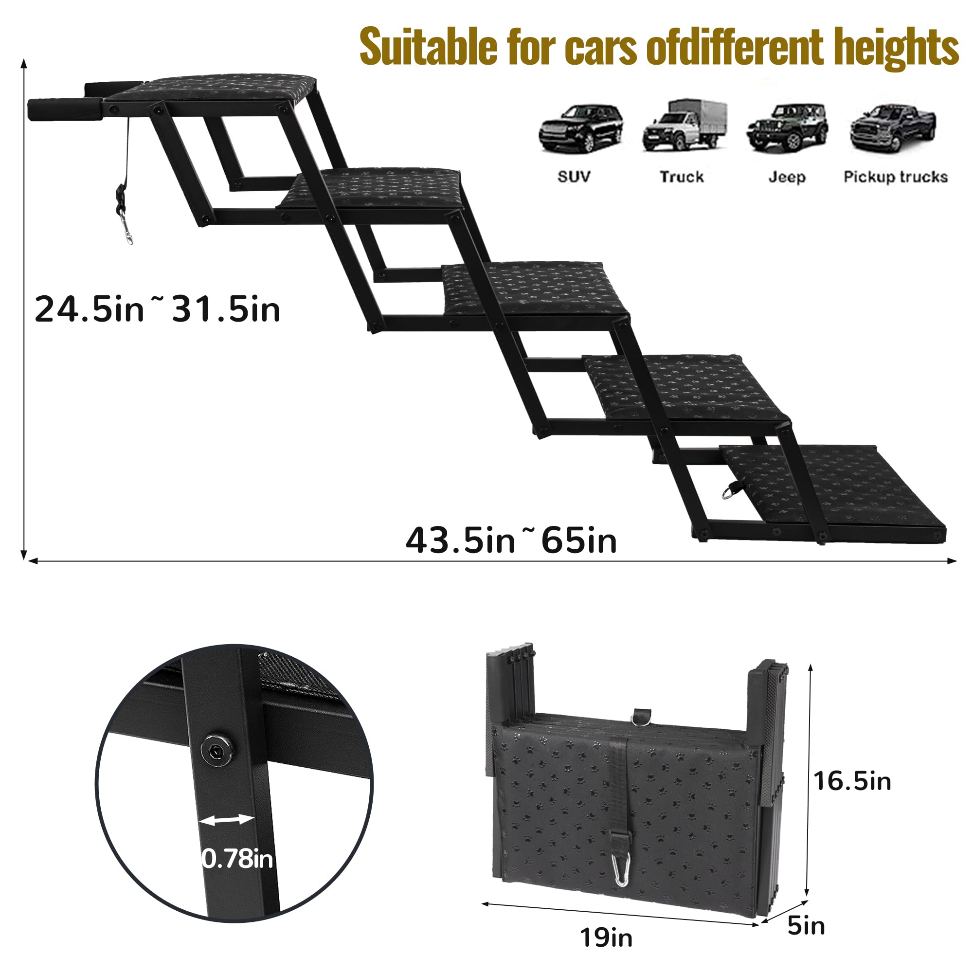 Dog Stairs for Car - Foldable Dog Ramps for Large Dogs with Non Slip Surface, Portable Dog Steps for Cars and SUV, Truck, Support Up to 200 Lbs