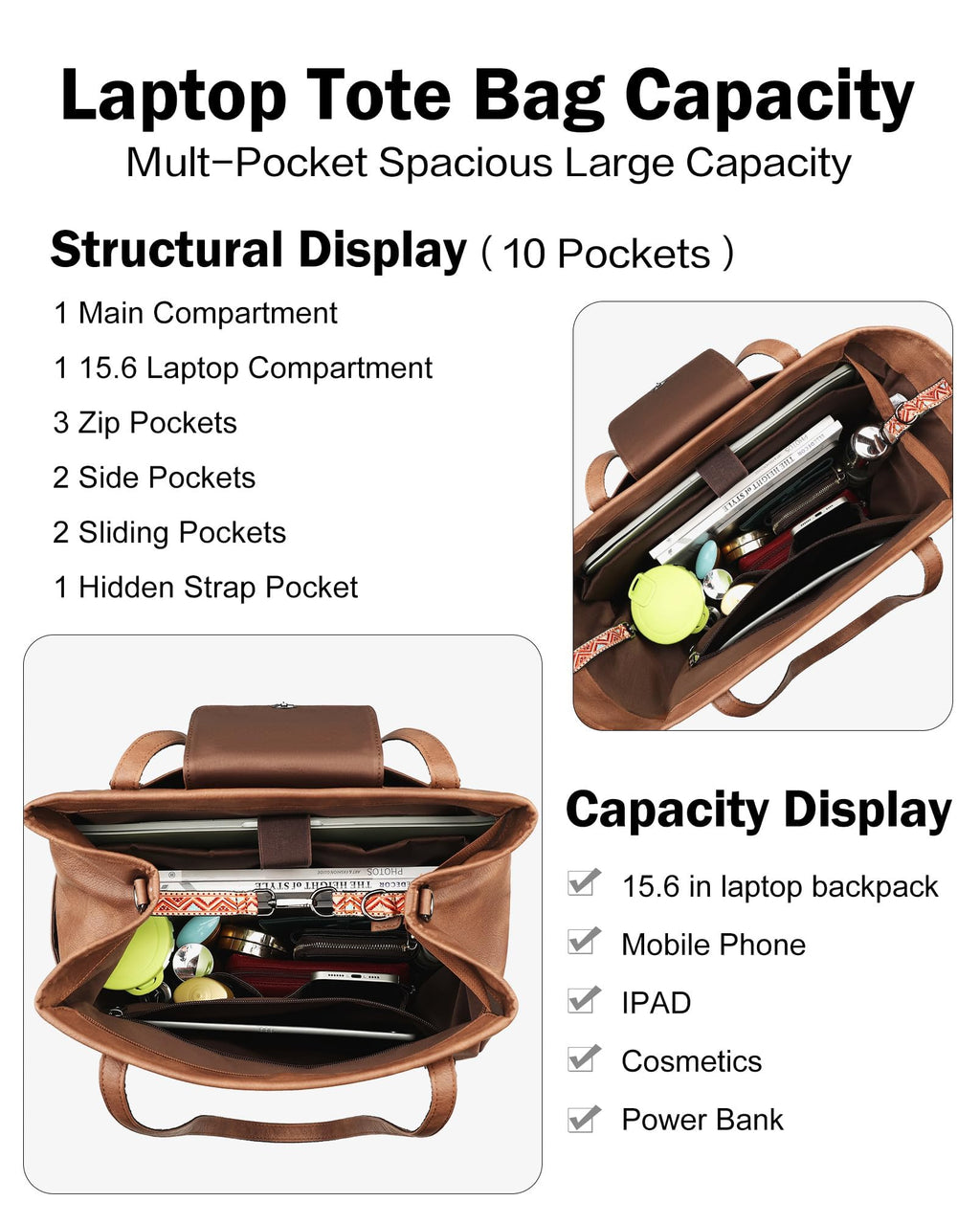 FADEON Large Laptop Tote Bag for Women Designer Leather Laptop Bag Fashion Travel Backpack Purse Shoulder Handbag