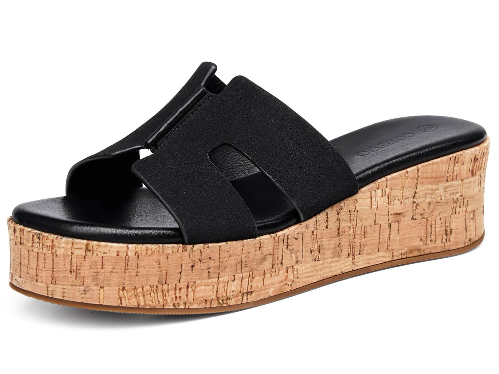 Coutgo Women's Platform Wedge Sandals Open Toe Slip On Slides Cork Heeled Cutout Comfortable Summer Shoes