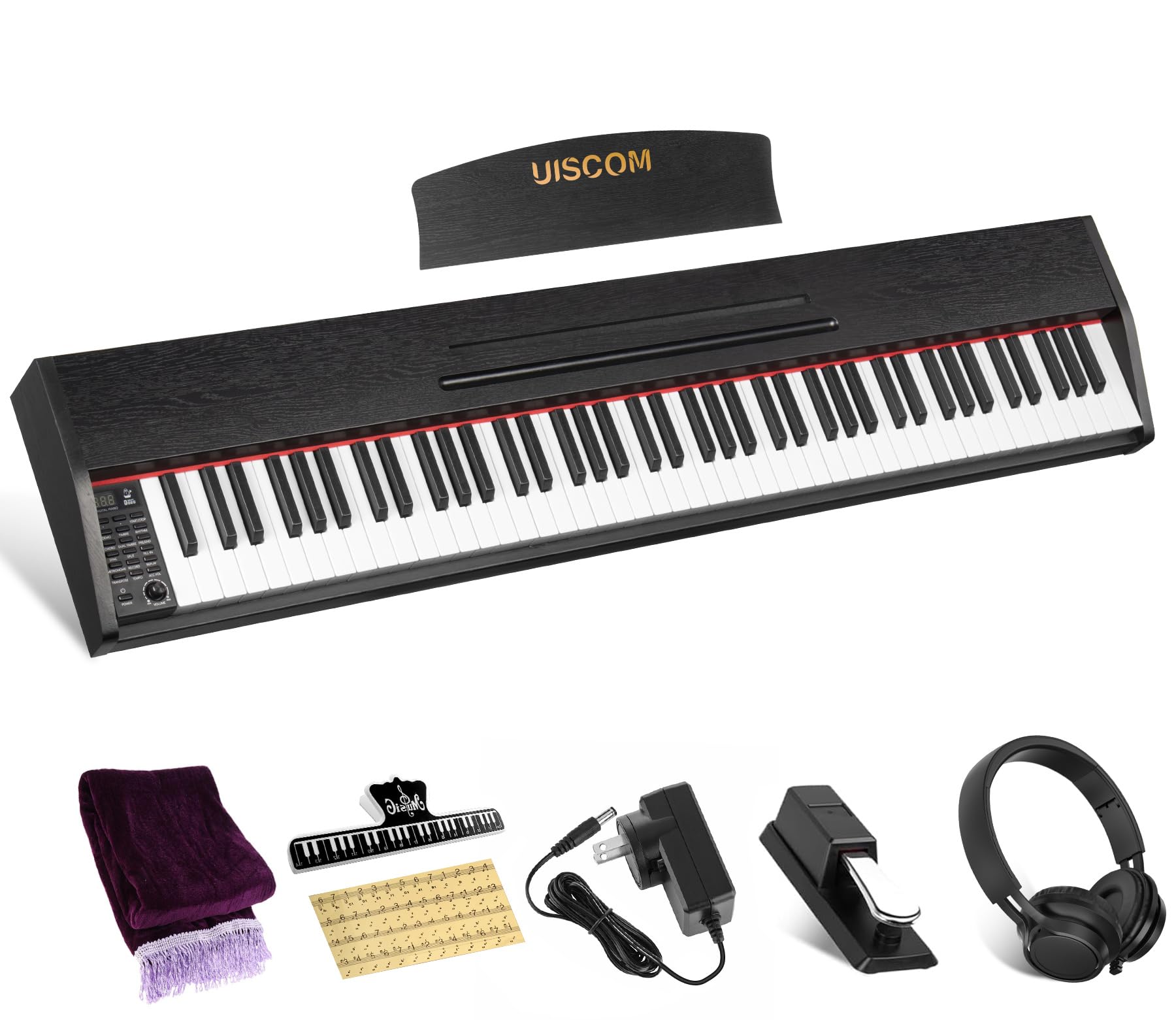 UISCOM Digital Piano Keyboard for Beginners, Full Size 88 Key Semi-Weighted Keyboard Electric Piano with Stand,Power Adapter,Sheet Music Stand,Pedal,Headphone,USB-MIDI Compatible,Wood Grain Apricot
