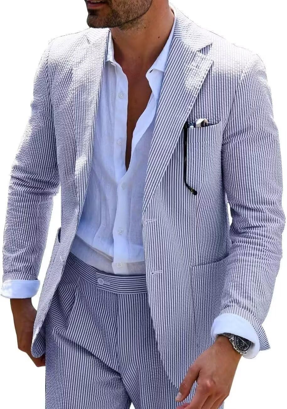 Wehilion Men's Seersucker Summer Suit Groom Wedding Seersucker Outfit Slim Fit Formal Suit Set for Men