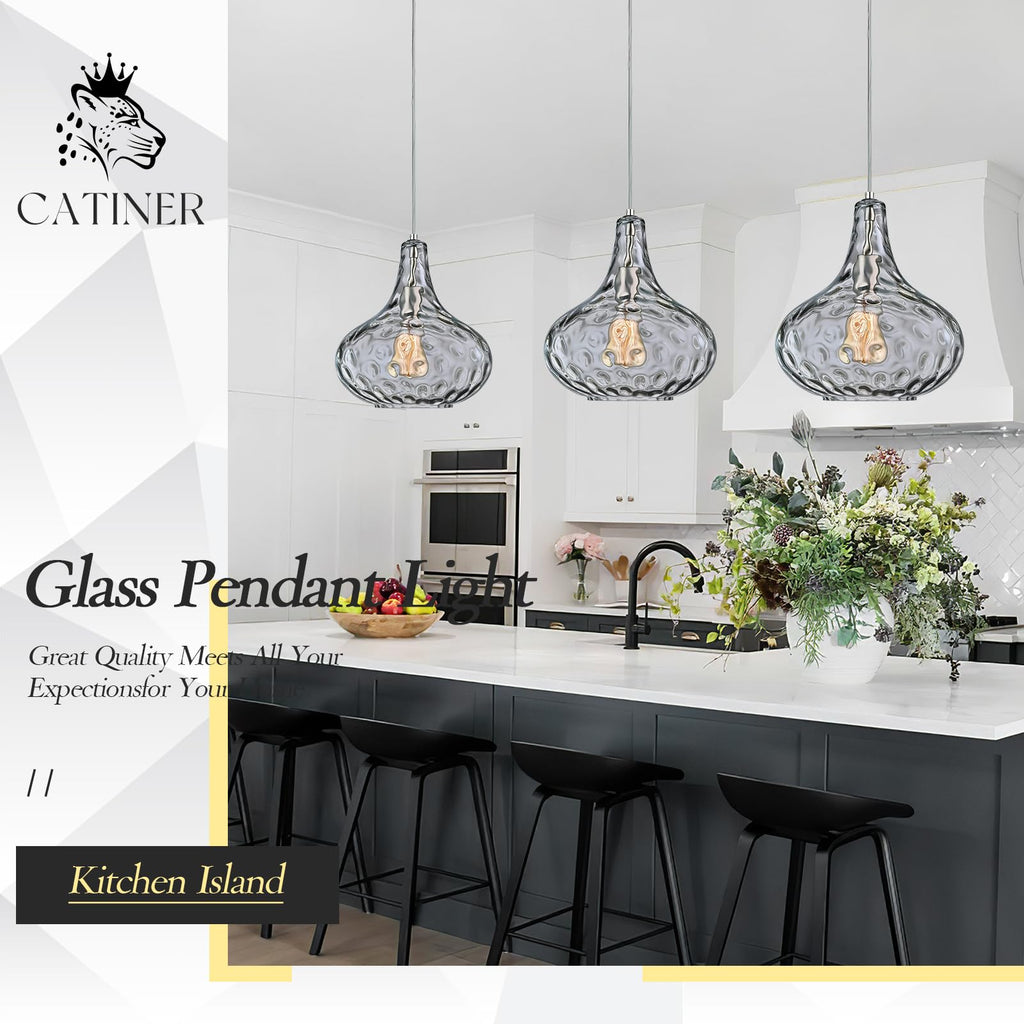Glass Large Pendant Lights for Kitchen Island Blown Glass Pendant Light Clear Hammered Shade Hanging Ceiling Lights with Black Finish for for Kitchen Island, Sink, Hallway, Living Room 11 inch