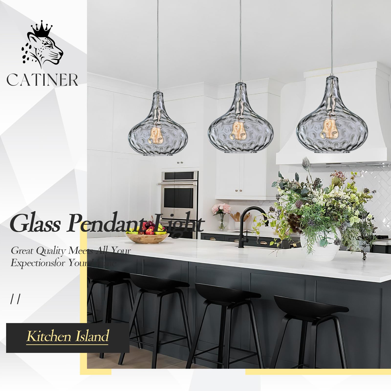 Glass Large Pendant Lights for Kitchen Island Blown Glass Pendant Light Clear Hammered Shade Hanging Ceiling Lights with Black Finish for for Kitchen Island, Sink, Hallway, Living Room 11 inch