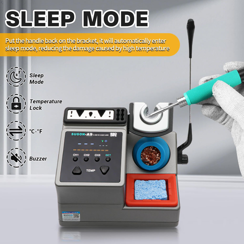 SUGON A9 210 Precision Soldering Stations 120W， LCD Display Digital Soldering Iron Kit,2 Seconds Fast Heating up 716℉, 3 Temperature Storage,212℉-842℉, ℃/℉,ESD,Quick Change Soldering Iron Tips Holder