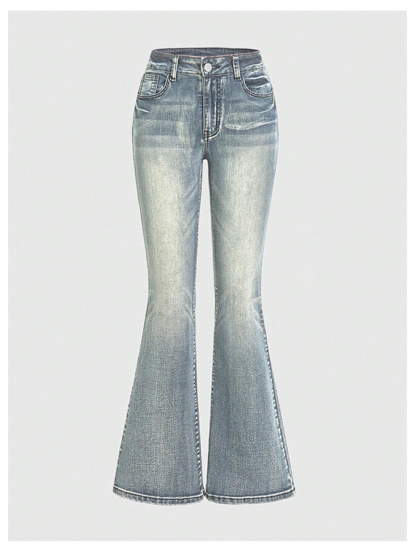 MakeMeChic Women's Bell Bottom Jeans Stretchy Flared Jeans Embroidered Y2K High Waist Denim Pants