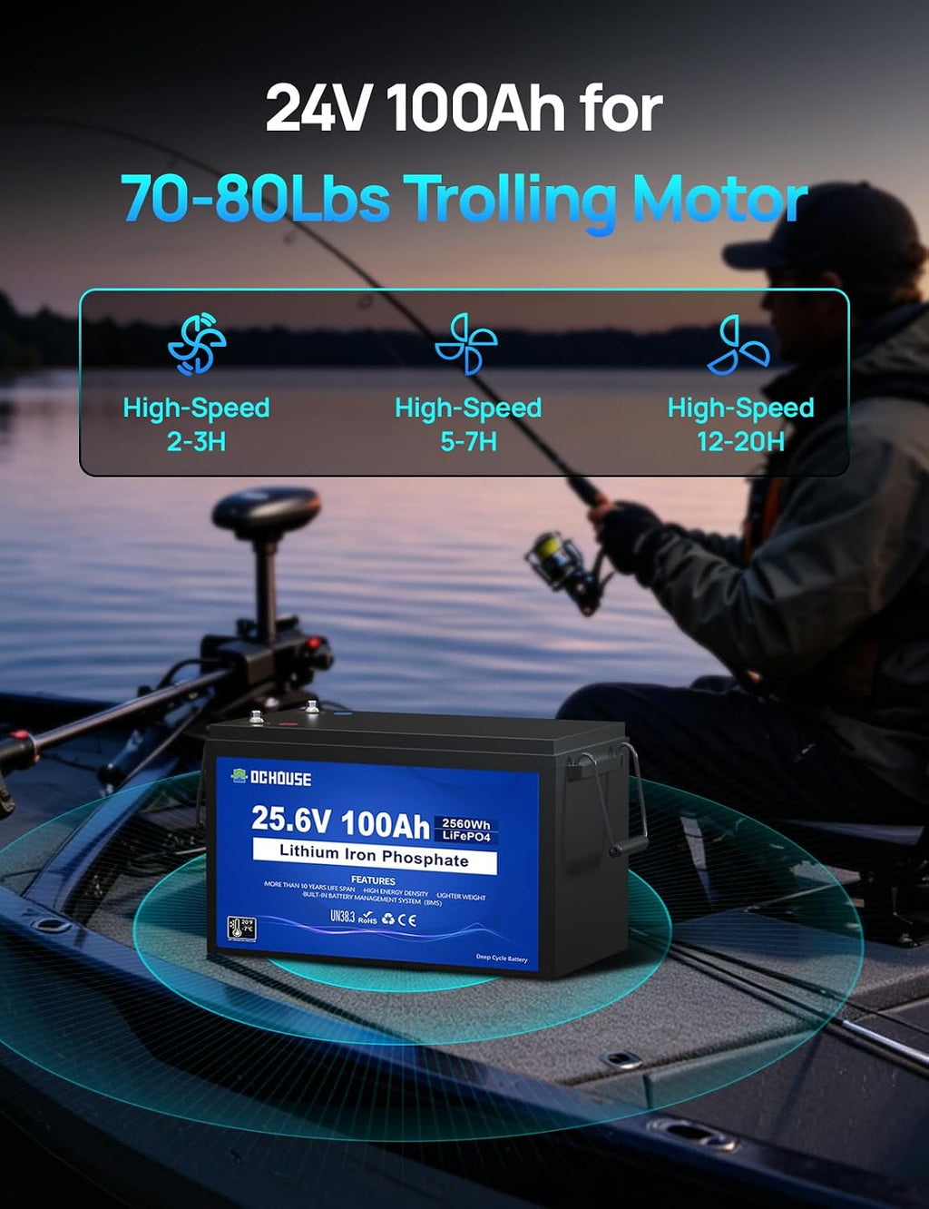DC House 24V 100Ah LiFePO4 Bluetooth Lithium Battery, Smart BMS with Low Temp Cut-Off, Up to 15000 Cycles, Perfect for Trolling Motors, Marine, Boat, RV, Camper, Home Energy Storage