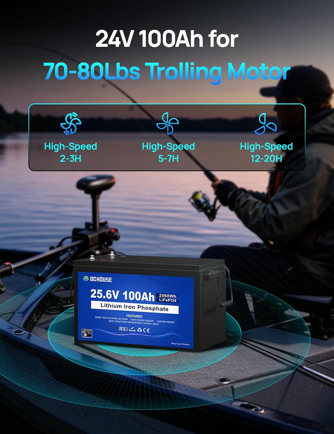 DC House 24V 100Ah LiFePO4 Bluetooth Lithium Battery, Smart BMS with Low Temp Cut-Off, Up to 15000 Cycles, Perfect for Trolling Motors, Marine, Boat, RV, Camper, Home Energy Storage