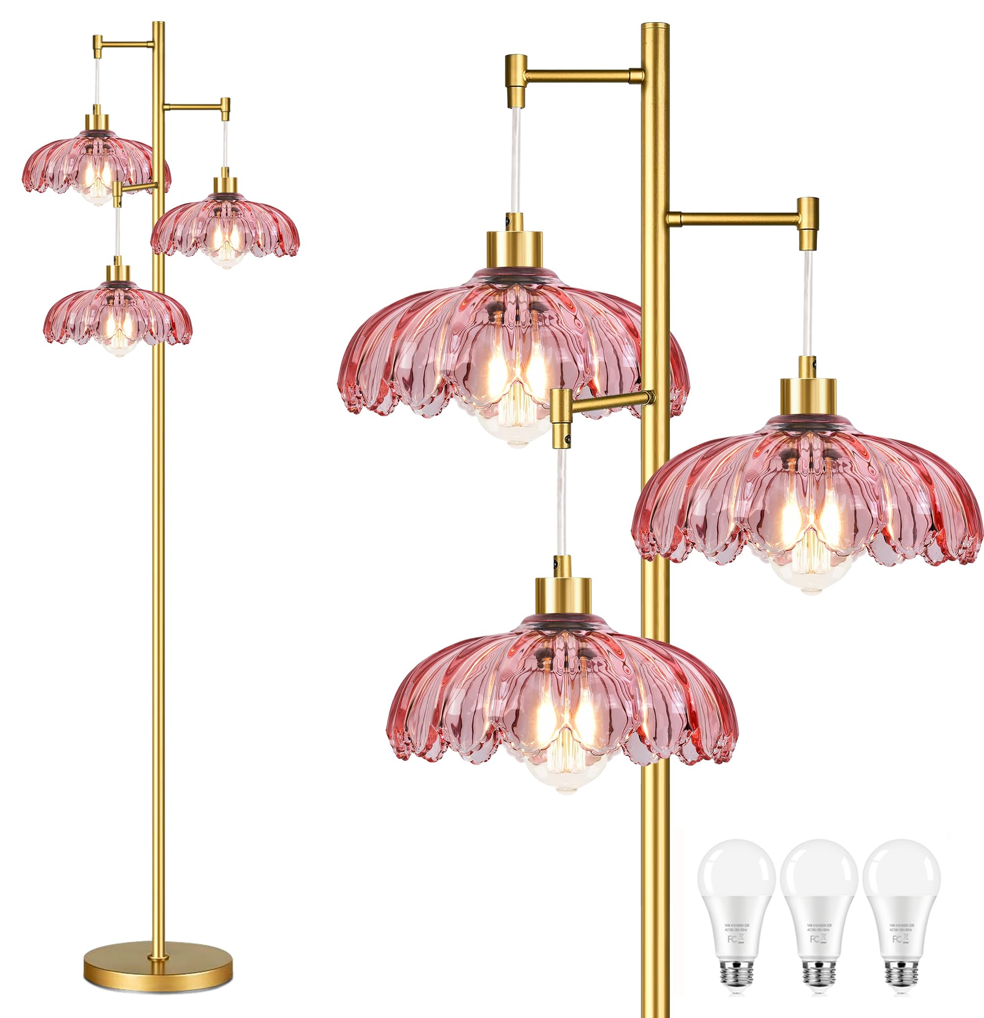 AHDWDW Gold Floor Lamp for Living Room Bedroom,Modern Floor Lamps with Unique Amber Glass Shades,68IN Mid Century Tall Flower Standing Lamp,Vintage 3 Lights Tree Floor Lamp for Corner Office Reading