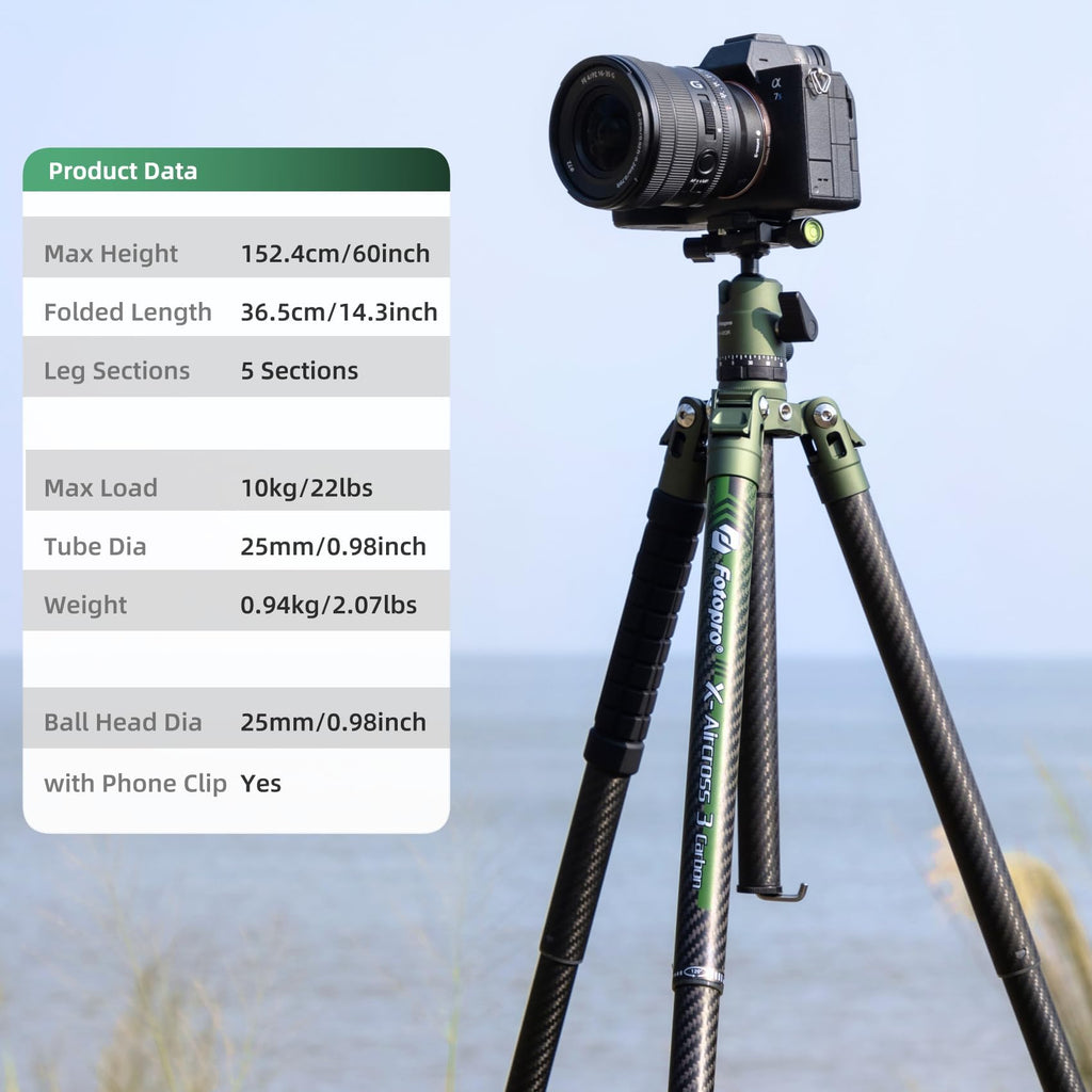 Fotopro 60" Camera Tripod, Carbon Fiber Travel Tripod with 360° Ball Head, Ultralight 2.1lbs, 22lbs Load, Quick Lock, Folds to 14.3" Carry-On, for DSLR Mirrorless Cameras, X-Aircross 3 Blue