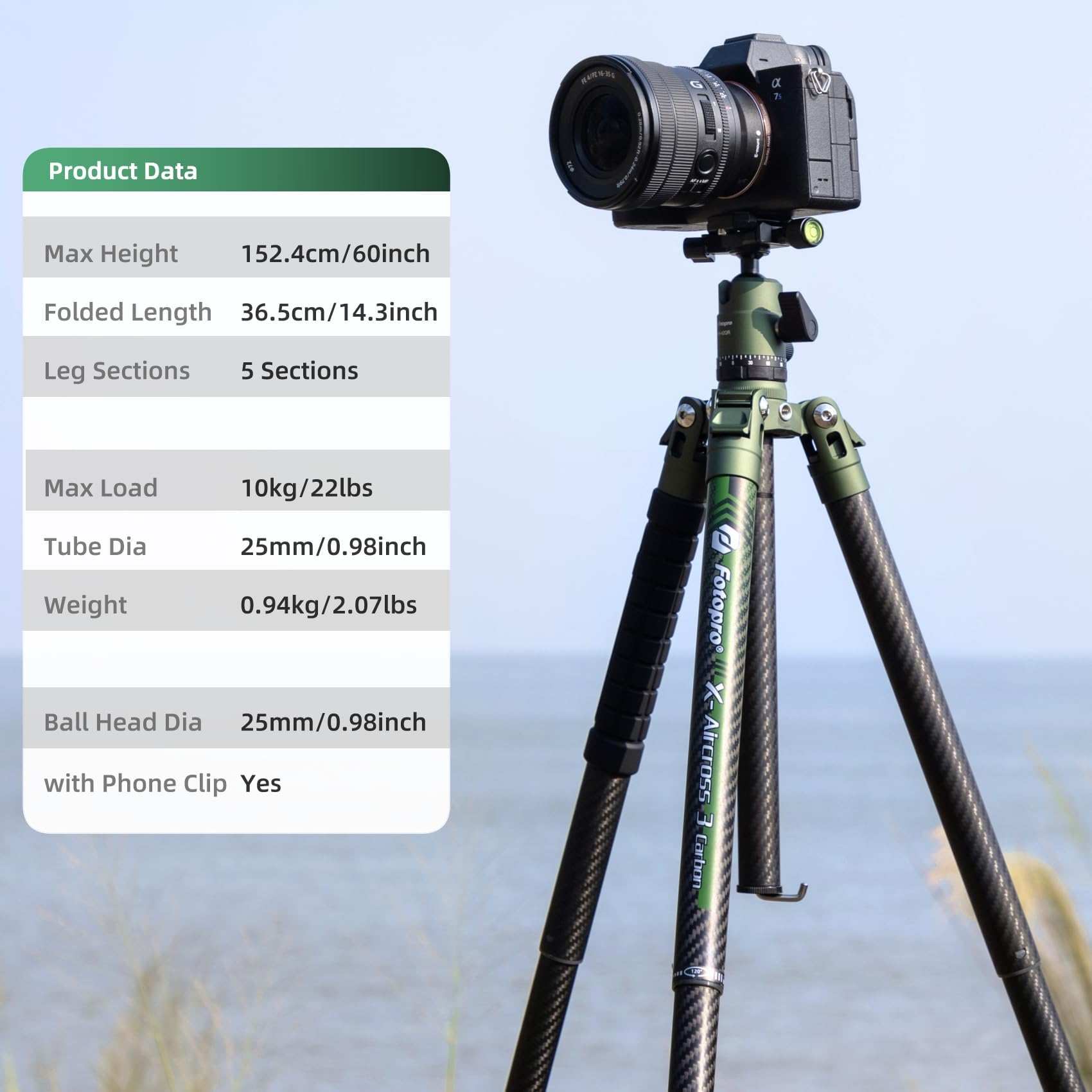 Fotopro 60" Camera Tripod, Carbon Fiber Travel Tripod with 360° Ball Head, Ultralight 2.1lbs, 22lbs Load, Quick Lock, Folds to 14.3" Carry-On, for DSLR Mirrorless Cameras, X-Aircross 3 Blue