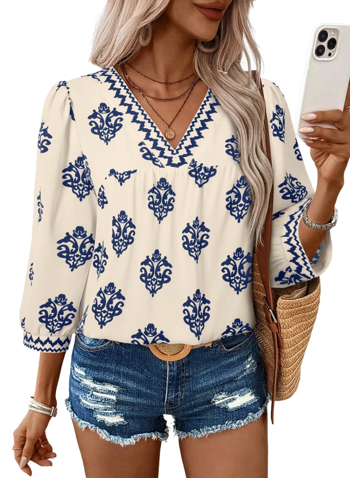 SHEWIN Women's Casual V Neck Floral Print Chiffon Blouses 3/4 Sleeve Boho Summer Tops Shirts