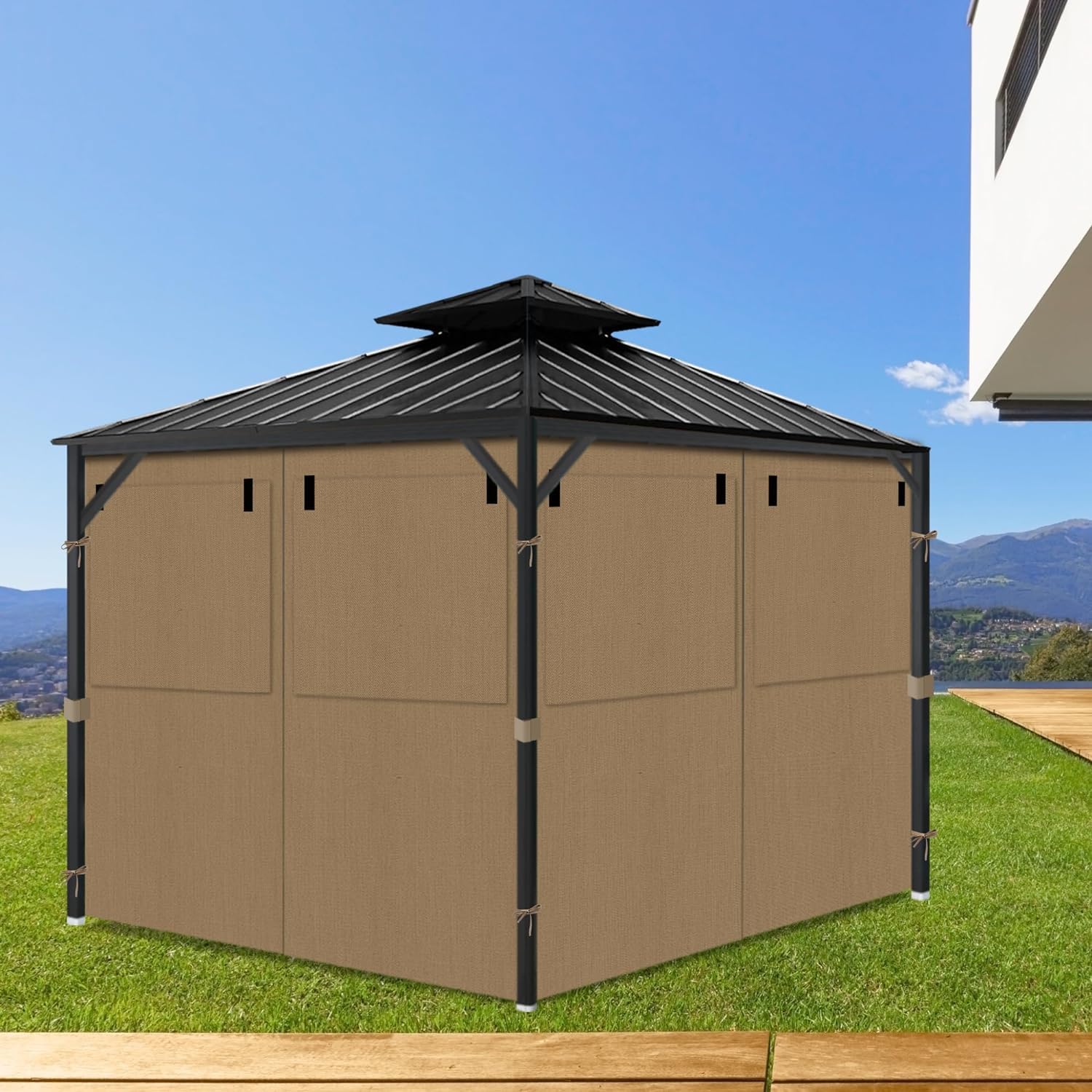 Gazebo Privacy Curtains 10' x 10' with Mosquito Windows, 4-Panels Side Wall with Zipper Universal Replacement for Patio, Outdoor Canopy, Garden and Backyard, Gray (Curtain Only)