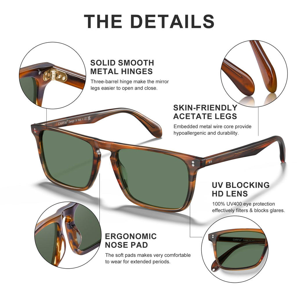 CARFIA Retro Polarized Sunglasses for Men UV Protection Hand-crafted Acetate Frame Fashion Cool Sun Glasses CA53572