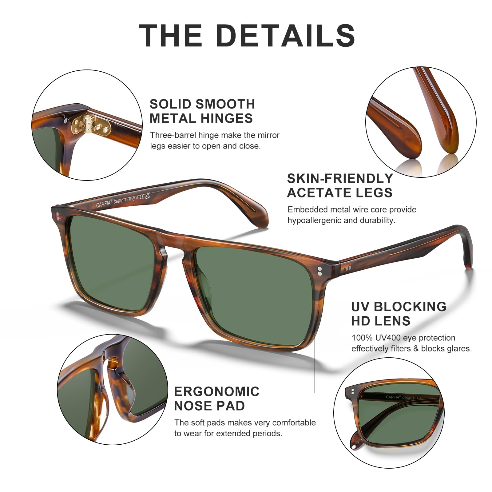 CARFIA Retro Polarized Sunglasses for Men UV Protection Hand-crafted Acetate Frame Fashion Cool Sun Glasses CA53572