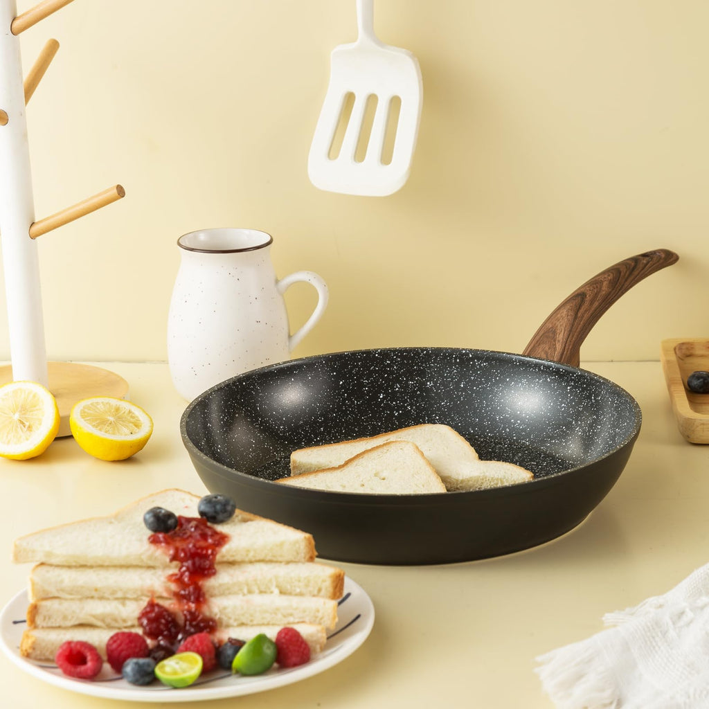 Vkoocy Pots and Pans Set Non Stick, Ceramic Cookware Set with Granite Pattern Kitchen Cooking Sets Induction Pot and Pan w/Frying Pans, Saucepans, Casserole, Non-Toxic, PTFE/PFOA/PFOS-Free, Black