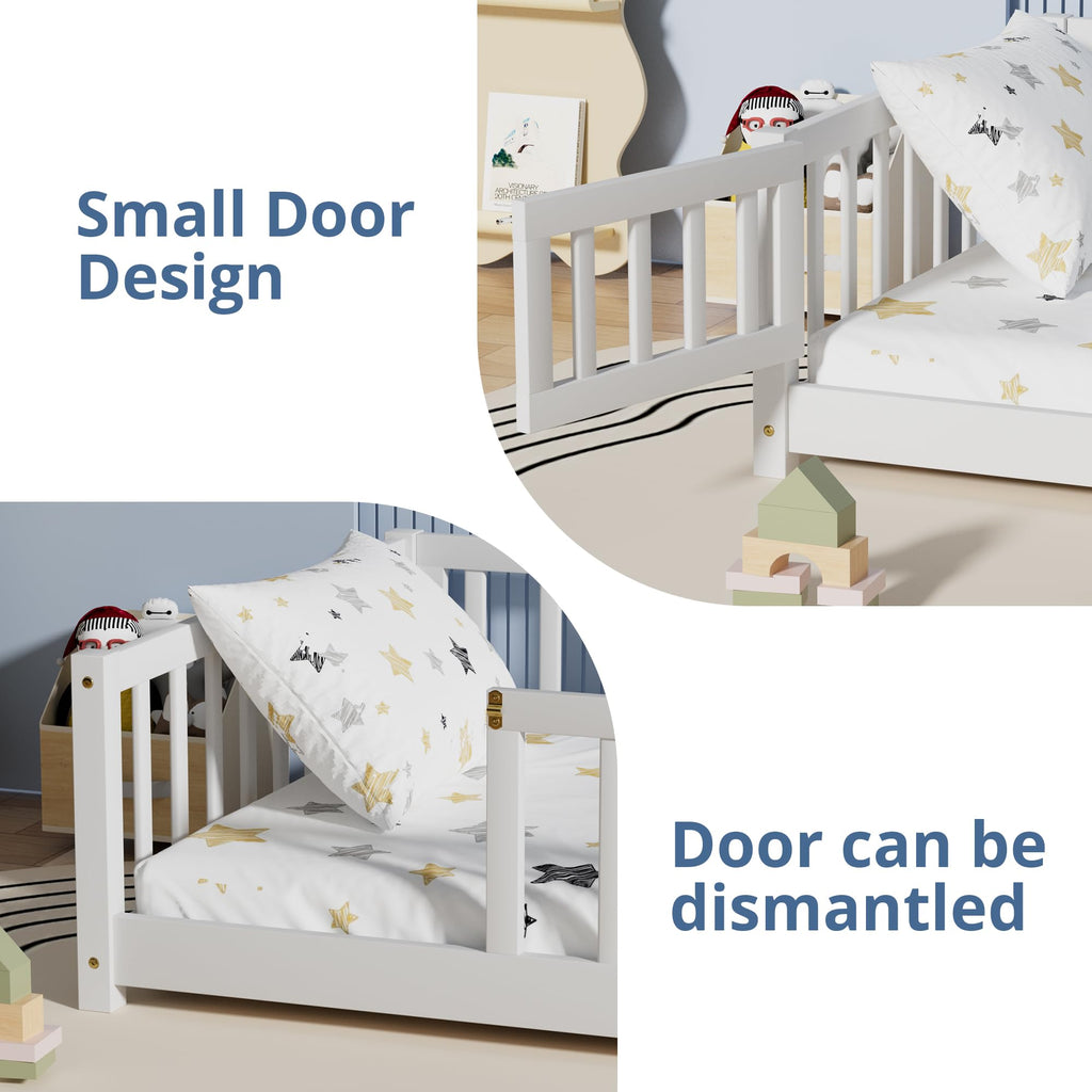 i-POOK Queen Floor Bed for Children, Sturdy Wood Montessori Bed Frame with Wood Slats, High Fence & Small Door for Girls and Boys, Espresso (with Bed Slats)