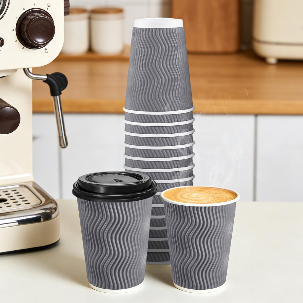 BYSNOW 100 Pack 10 oz Coffee Cups with Lids, Disposable Insulated Hot Cups To Go Paper Coffee Cups, Corrugated Ripple Wall Cup for Hot Drink, Office, Coffee Bar (Grey 10 oz)