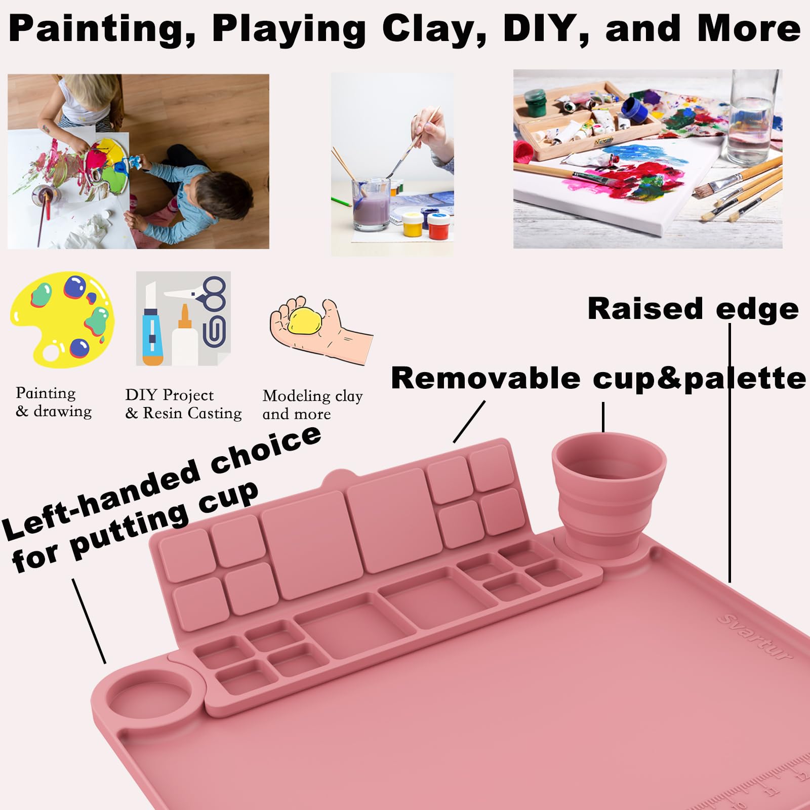 Svartur Silicone Art Mat - 17" X 13" With Cup and Palette, Raised Edge for Craft, Artist Creator Mat for Resin DIY, Coral Pink