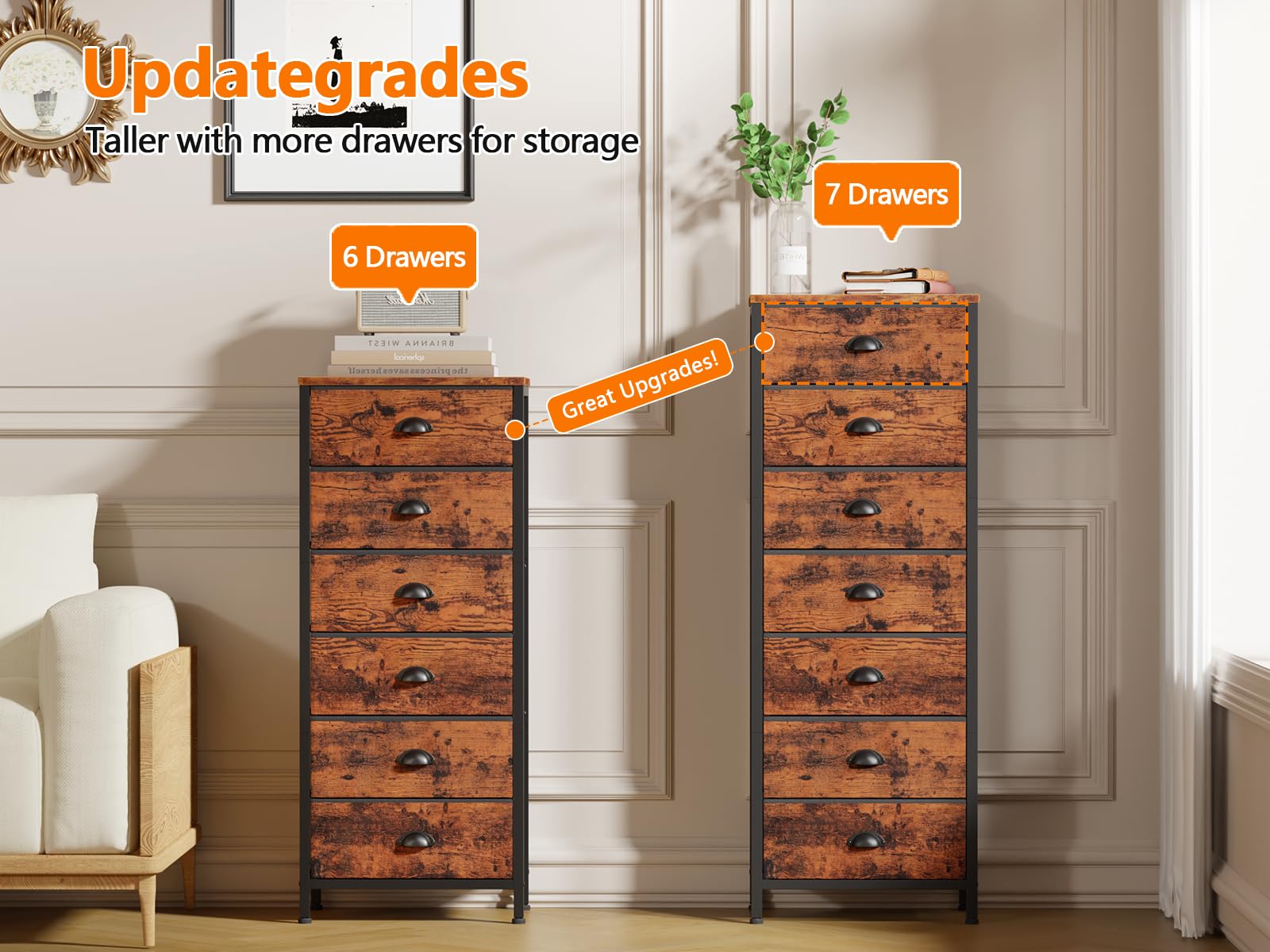 Furnulem Tall Dresser with 6 Drawers,Vertical Bedside End Table & Chest for Bedroom,Black Storage Tower Dorm Nightstand with Fabric Drawer Organizer Unit Furniture in Living Room,Closet,Hallyway