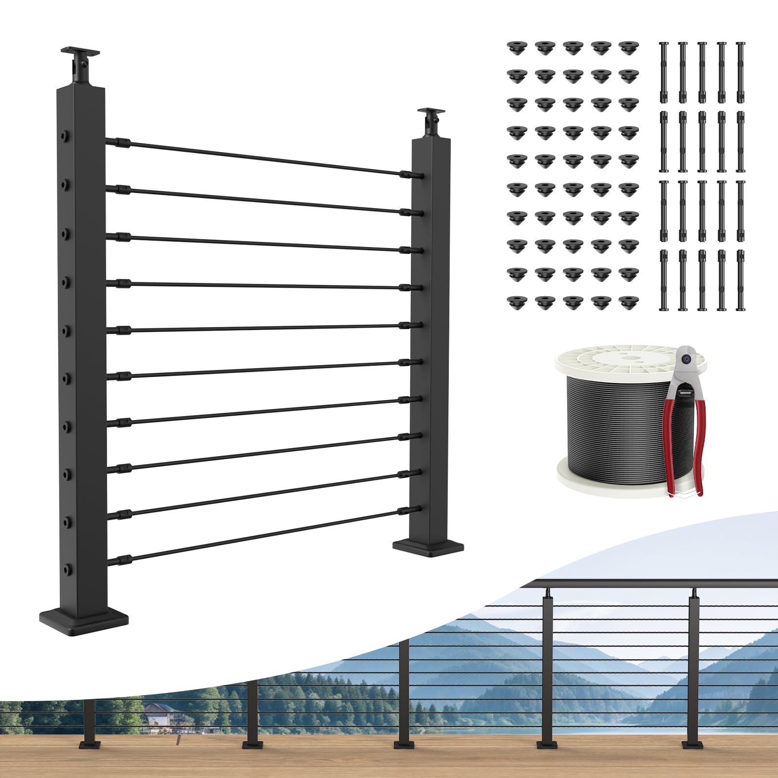 BLIKA 36" Cable Railing Corner Post, 304 Stainless Steel, 2-Side Drilled Adjustable Top Corner Post, Surface Mount Matte Black Cable Railing System Corner Post