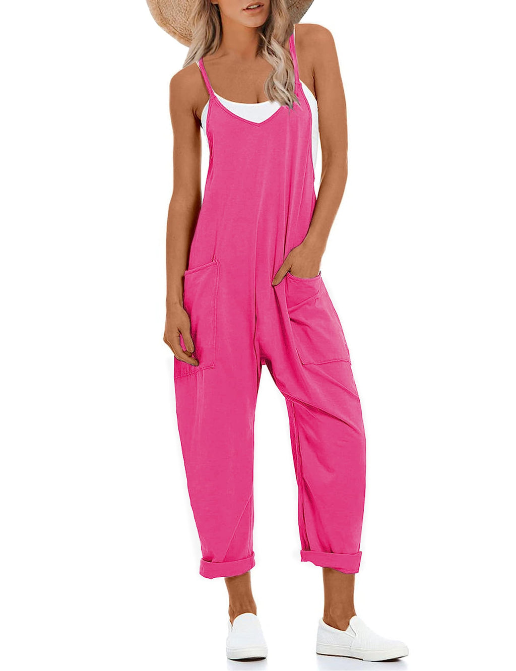 Lentta Women's Causal Jumpsuits V Neck Sleeveless Harem Overalls Stretchy Adjustable Strap Romper with Pockets