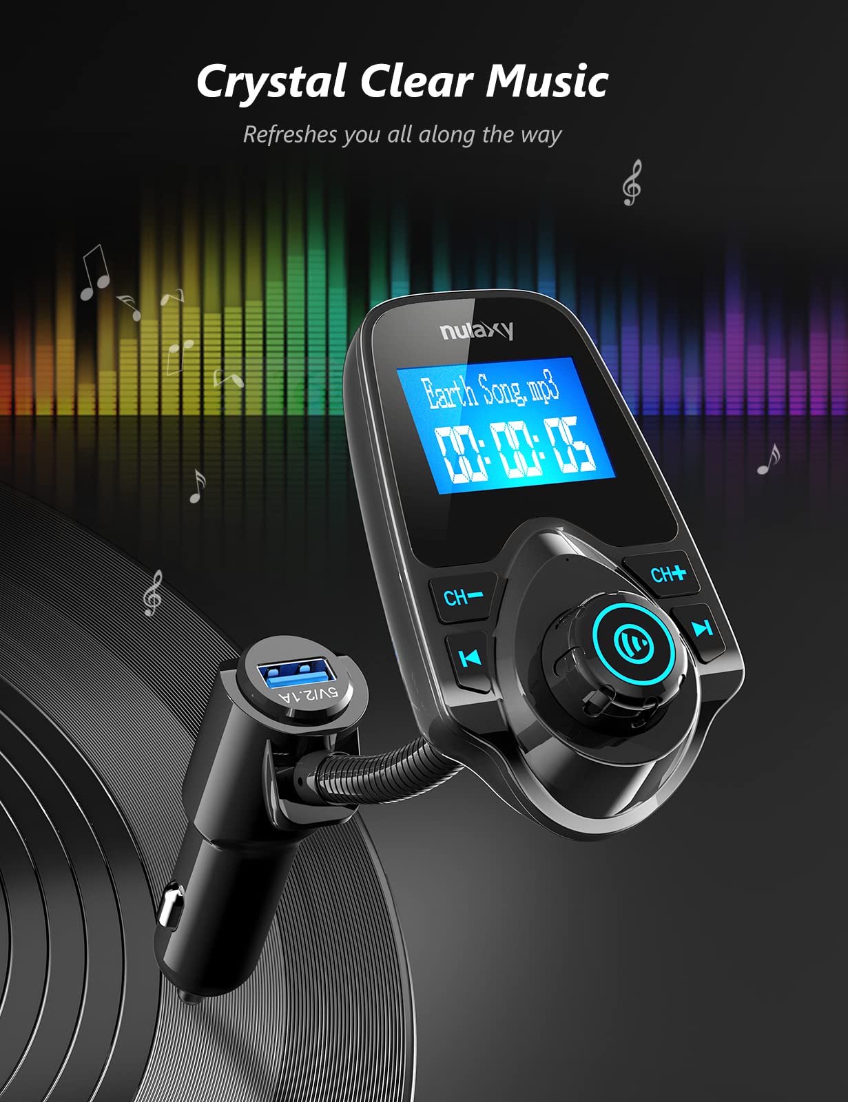 Nulaxy KM18 Bluetooth 5.4 Car Adapter with 1.44" Clear Display & Flexible Gooseneck - FM Radio Transmitter & Bluetooth Receiver for Hands-Free Calls, Wireless Music via BT/FM/AUX/TF, USB Car Charger