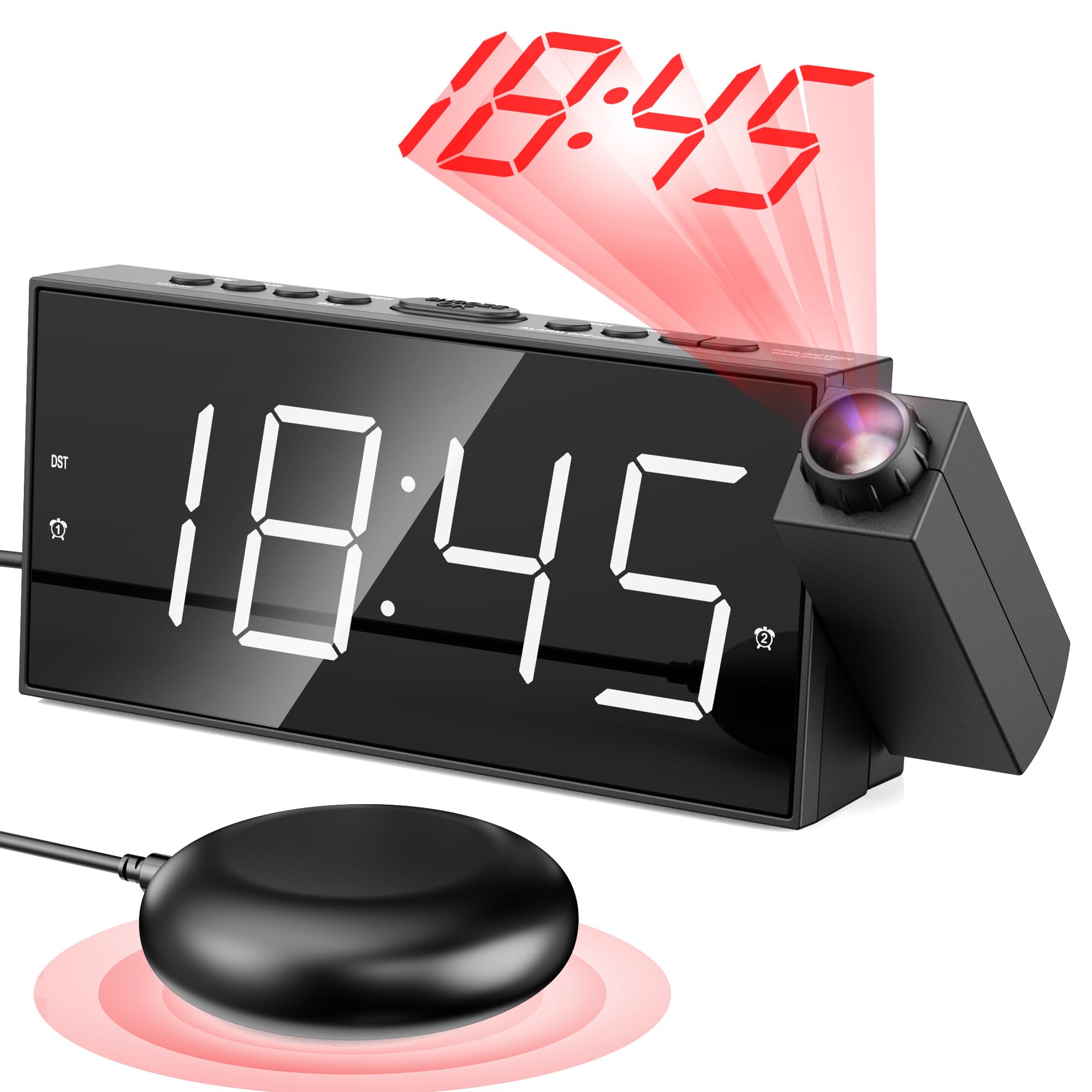 Digital Projection Alarm Clocks for Bedrooms - Large LED Display, 180° Rotatable Projector, 5-Level Dimmer,USB Charger,Battery Backup,Loud Dual Alarms for Kids Elderly,Heavy Sleepers,Snooze,12/24H,DST