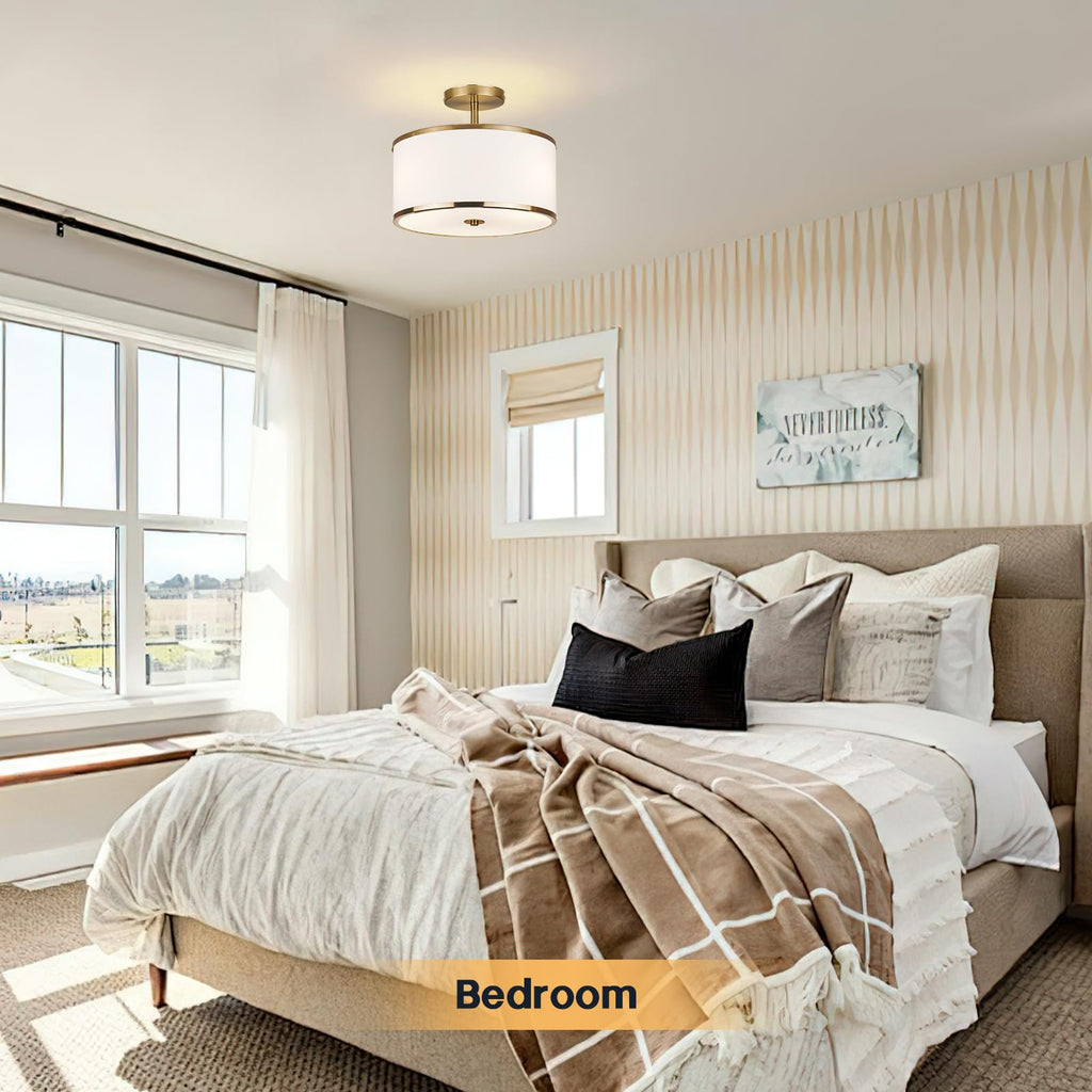 CALOKES Semi Flush Mount Ceiling Light, 11.8" Modern 3-Light Fixture with Petal-Shaped Cream White Fabric Shade and Golden Support Arm, Ideal for Bedroom, Kitchen, Living Room, Hallway, and Entryway