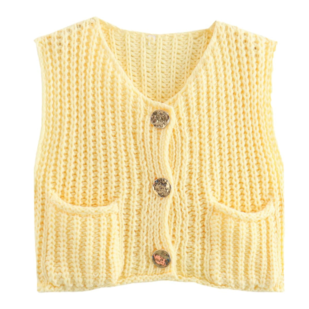 KEOMUD Women's Sleeveless Cropped Knit Cardigan Casual Button Down Crochet Sweater Vest Tops with Pockets