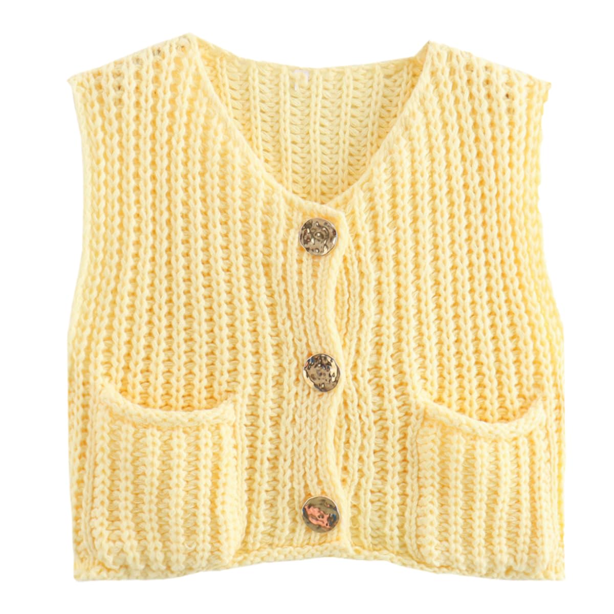 KEOMUD Women's Sleeveless Cropped Knit Cardigan Casual Button Down Crochet Sweater Vest Tops with Pockets