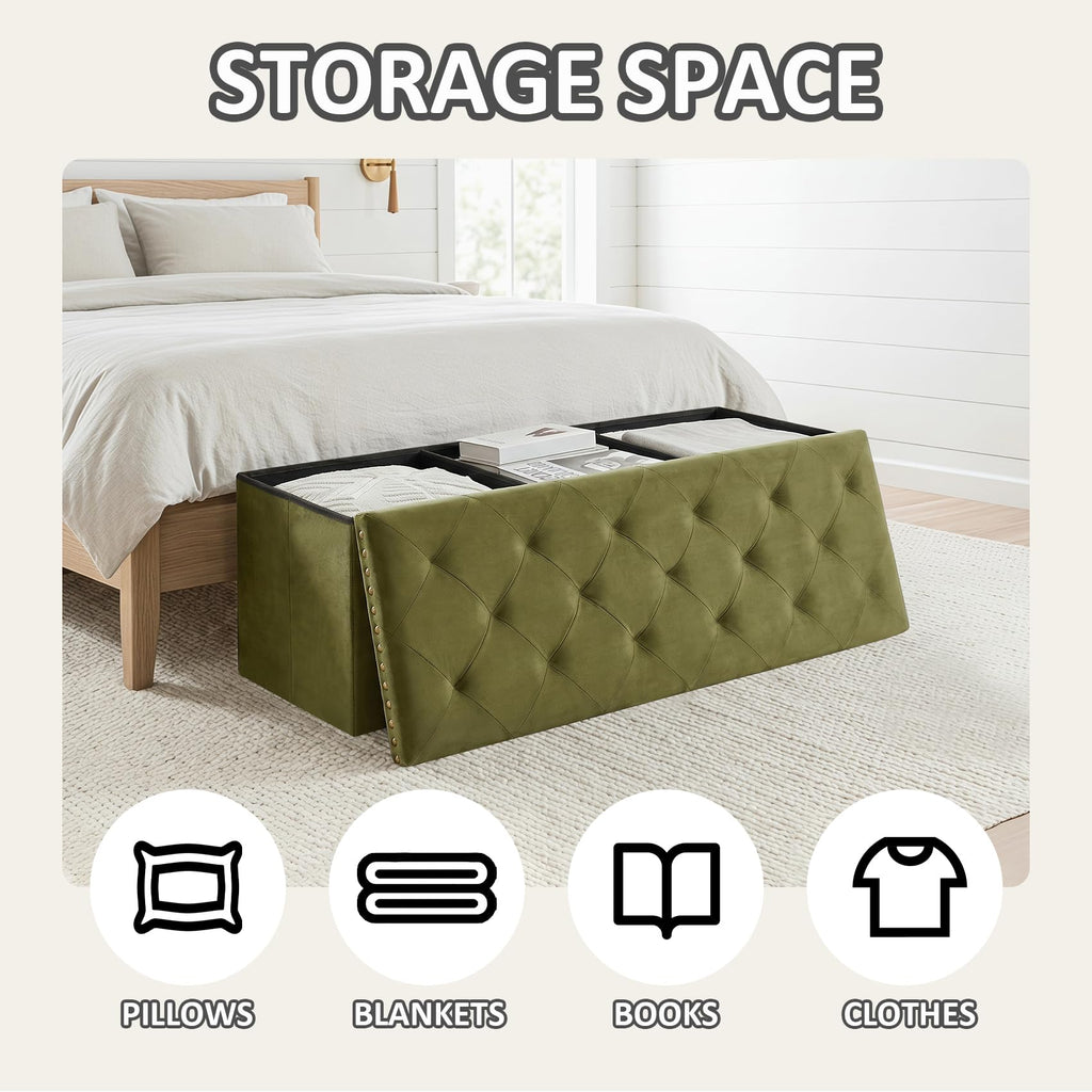PINPLUS Folding Storage Ottoman Bench, Folding Velvet Tuffed Foot Rest Stool with Rivet, End of Bed Bench Large Long Shoes Chest for Bedroom Entryway Living Room, Beige, 41.3 Inches