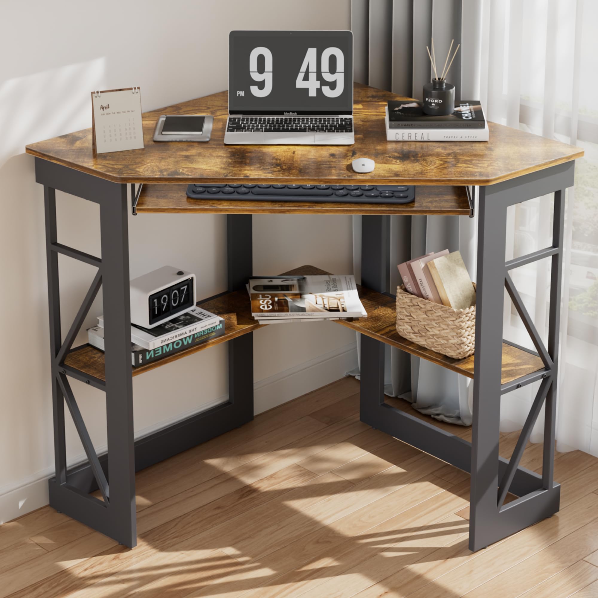 VECELO Corner Desk Computer Desk Writing Table with Smooth Keyboard Tray & Storage Shelves,Compact Home Office Triangle Table,Antique Brown