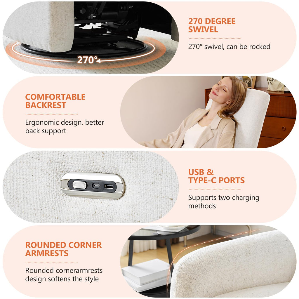 Power Recliner Chair, Swivel Rocker Recliner w/USB & Type-C Charging Ports, Chenille Upholstered Swivel Rocker Glider Recliner for Nursery,Living Room, Bedroom, 1PC, Cream