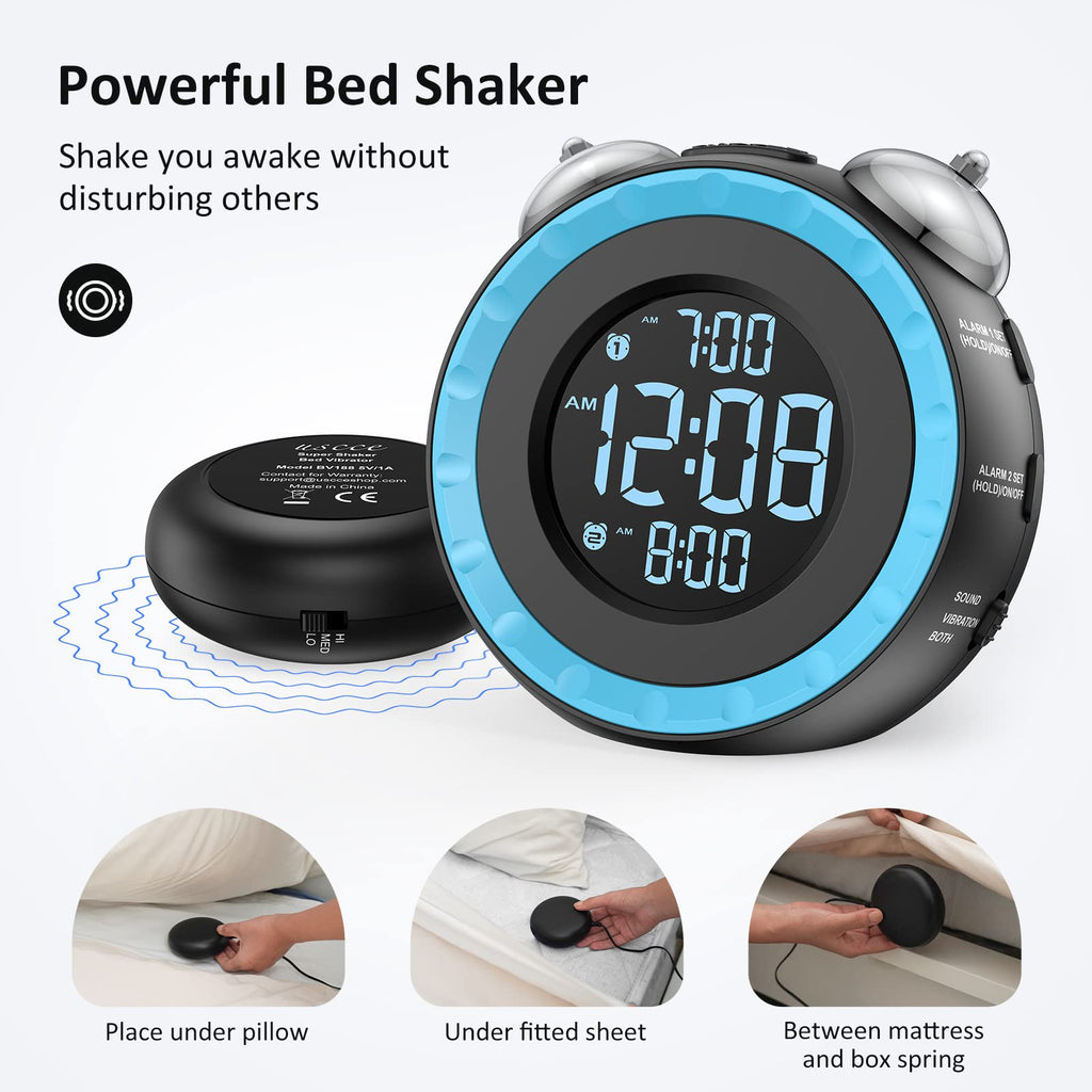 uscce Loud Dual Alarm Clock with Bed Shaker - 0-100% Dimmer, Vibrating Alarm Clock for Heavy Sleepers or Hearing Impaired, Easy to Set, USB Charging Port, Snooze, Battery Backup