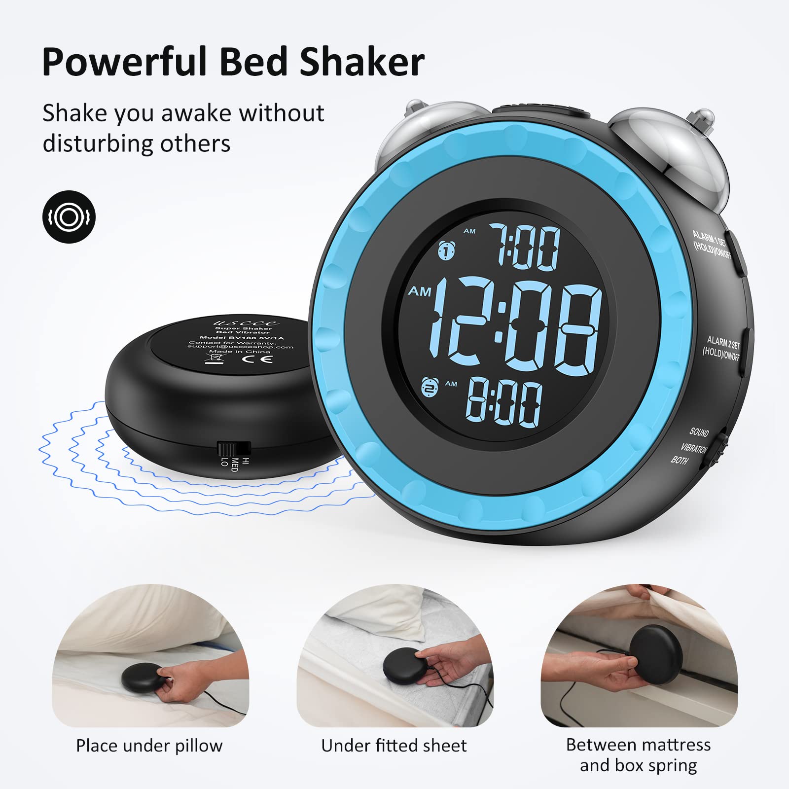 uscce Loud Dual Alarm Clock with Bed Shaker - 0-100% Dimmer, Vibrating Alarm Clock for Heavy Sleepers or Hearing Impaired, Easy to Set, USB Charging Port, Snooze, Battery Backup