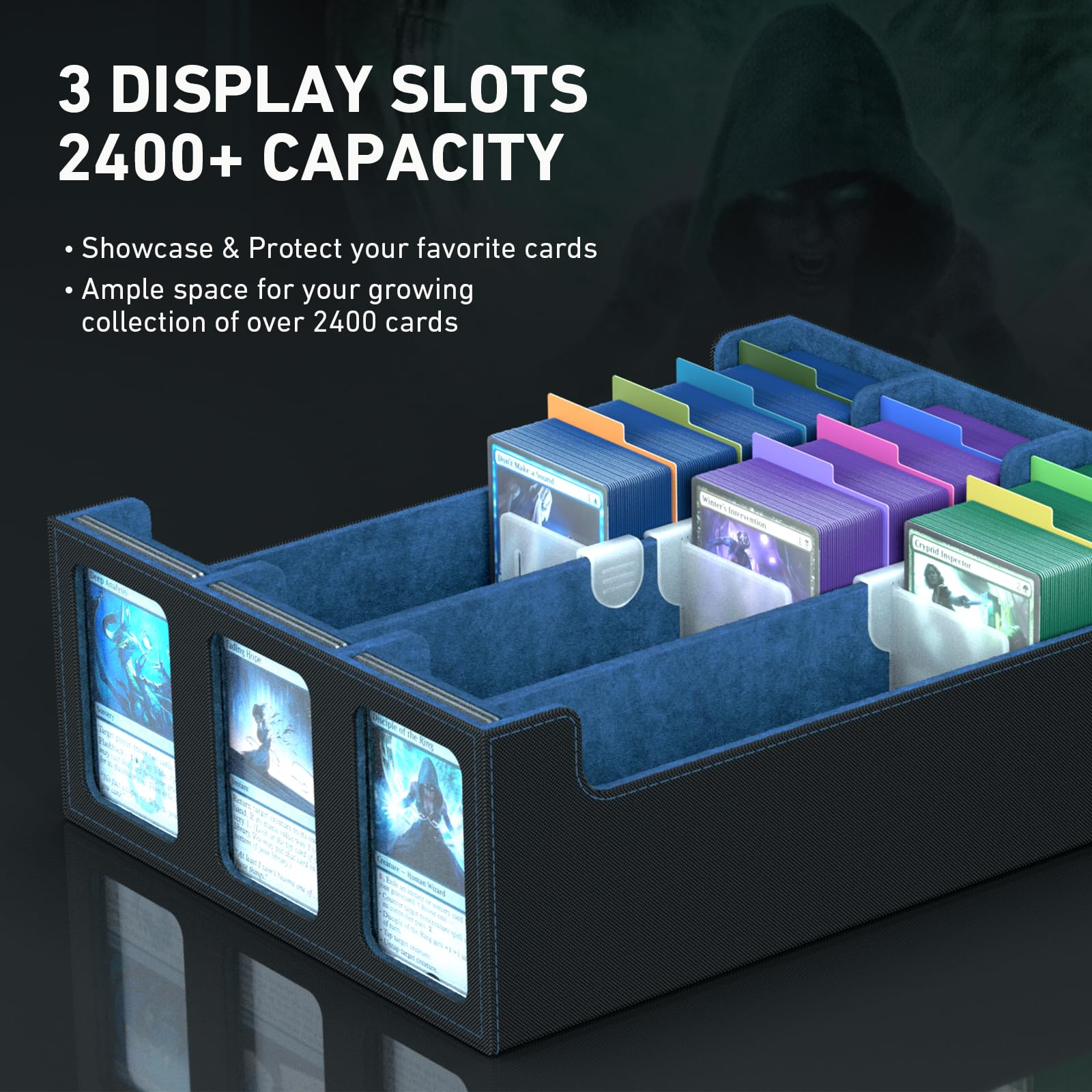 3-Row Trading Card Storage Box, Bulk Cards Case for 2400+ Mtg tcg Magic Playing Game Card Organizer, Commander Deck Box with 3 Supports & 24 Dividers