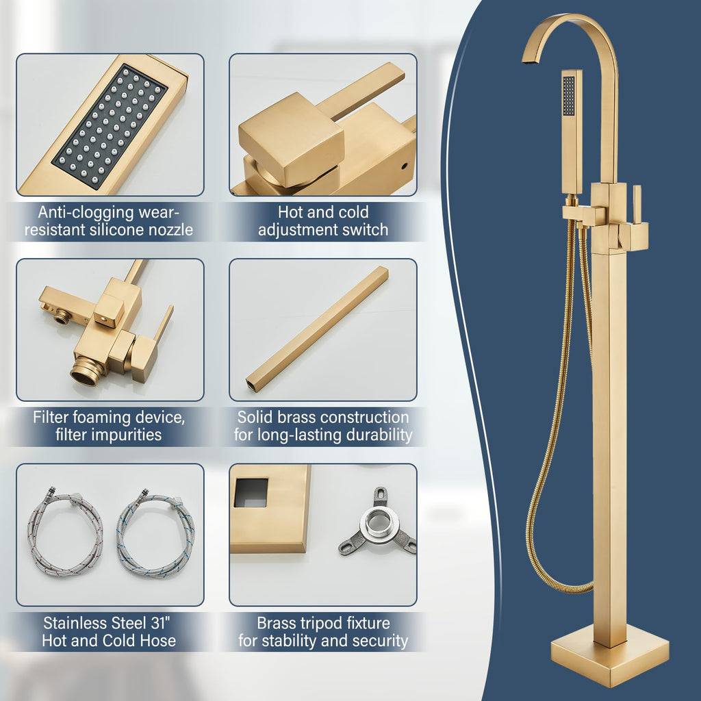 Brushed Gold Freestanding Bathtub Faucet with Hand Shower Tub Filler Faucet Floor Mounted High Flow Single Handle Bath Filler Solid Brass