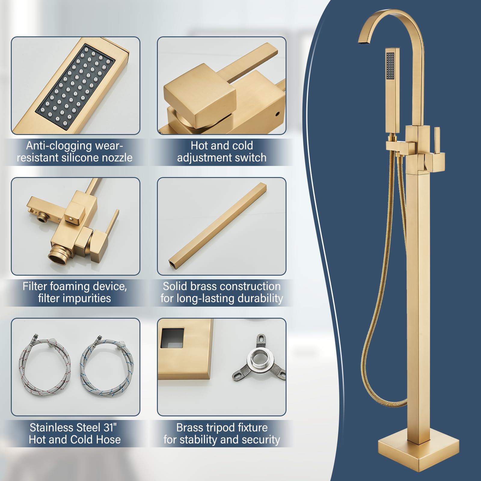 Brushed Gold Freestanding Bathtub Faucet with Hand Shower Tub Filler Faucet Floor Mounted High Flow Single Handle Bath Filler Solid Brass