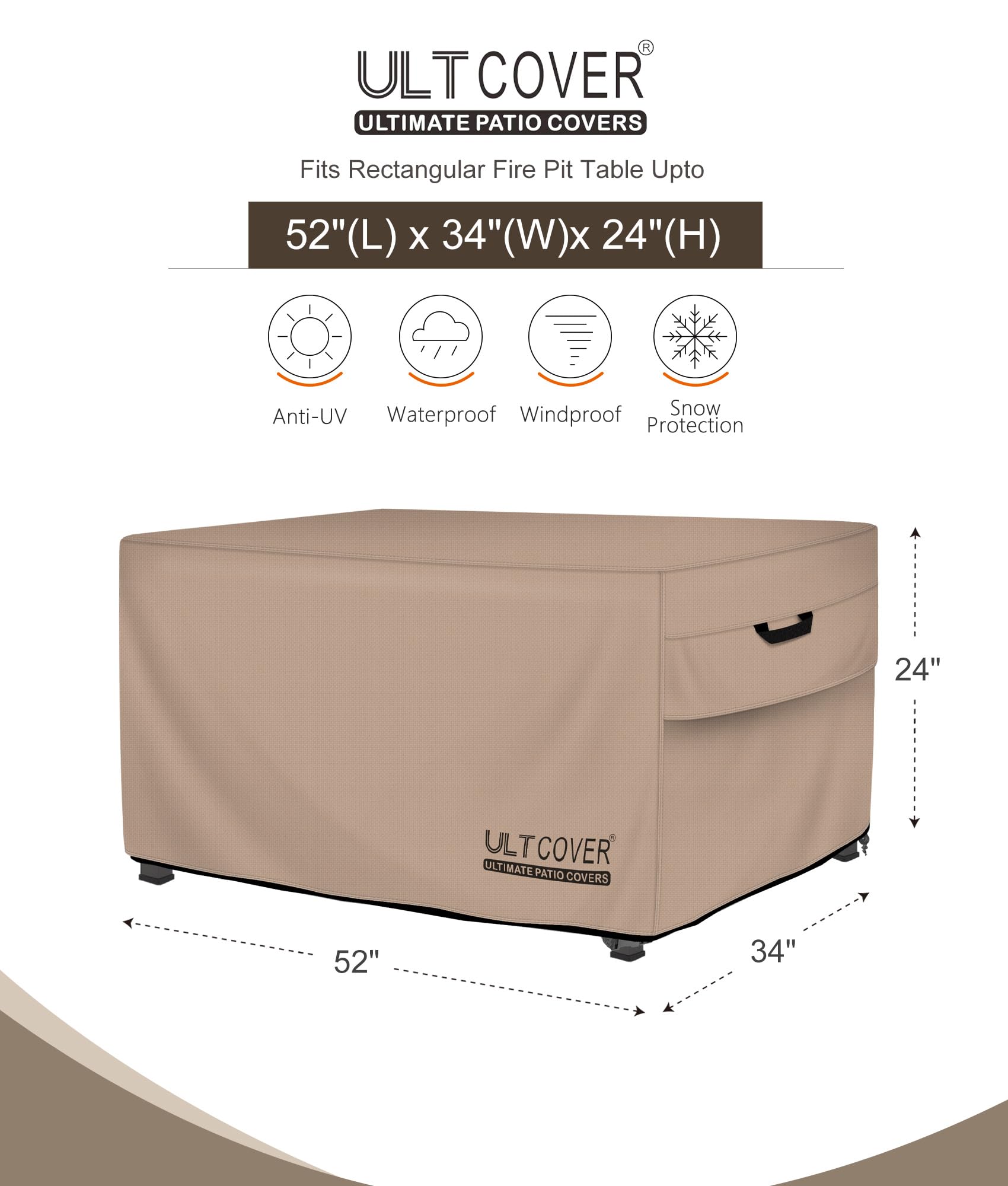 ULTCOVER Rectangular Gas Fire Pit Table Cover 42x24 inch Waterproof Heavy Duty Firepit Cover, Black