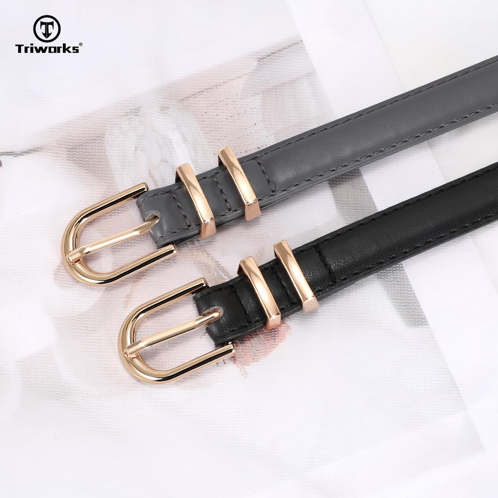 TRIWORKS 2 Pack Women Skinny Leather Belts for Jeans Pants Thin Faux Leather Belt with Gold Buckle