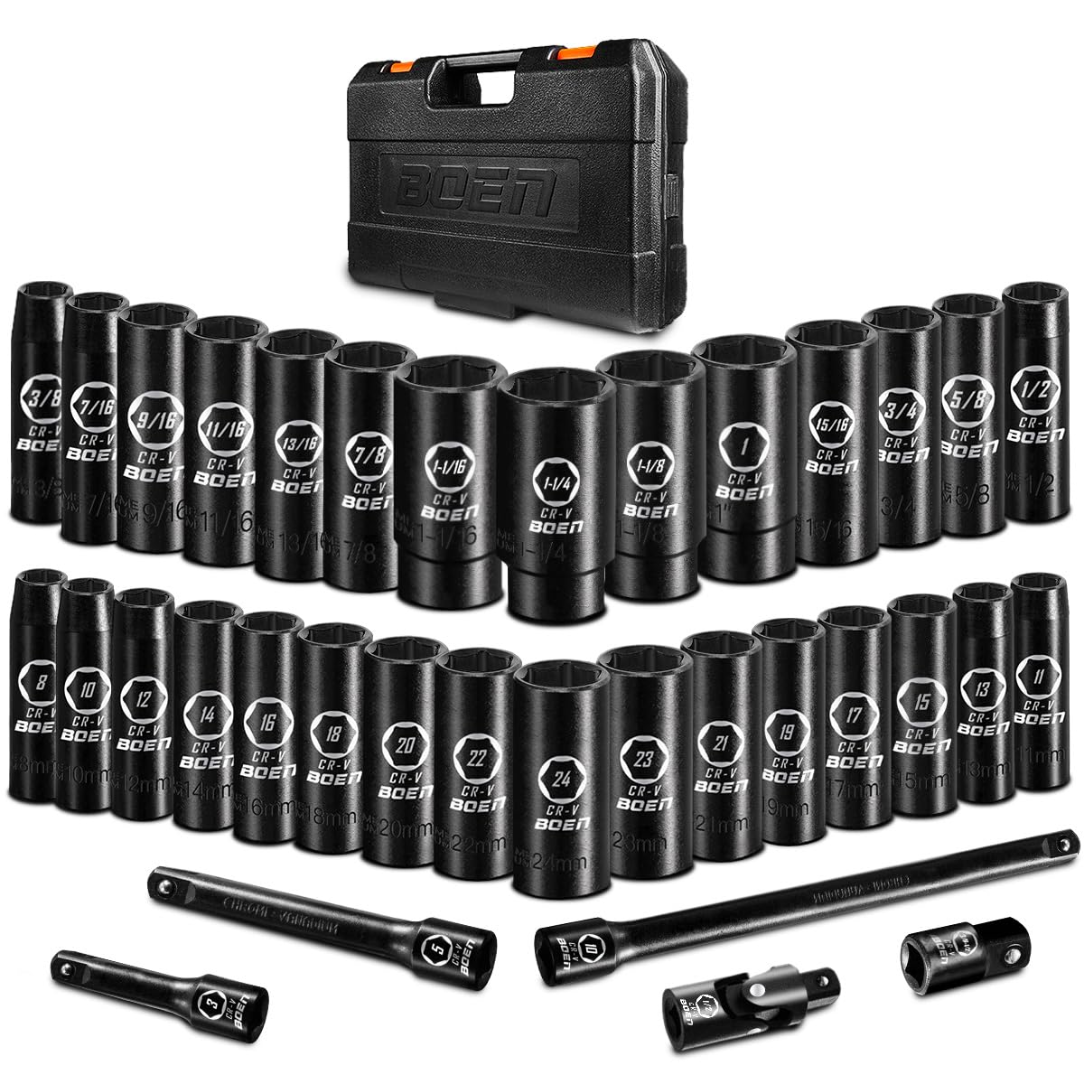 BOEN 1/2" Drive Deep Impact Socket Set, 11 Pieces Socket Set Metric 10-24mm, 6 Point Design, Cr-V Steel, Laser Marking, Durable Storage Case, Meets ANSI Standards