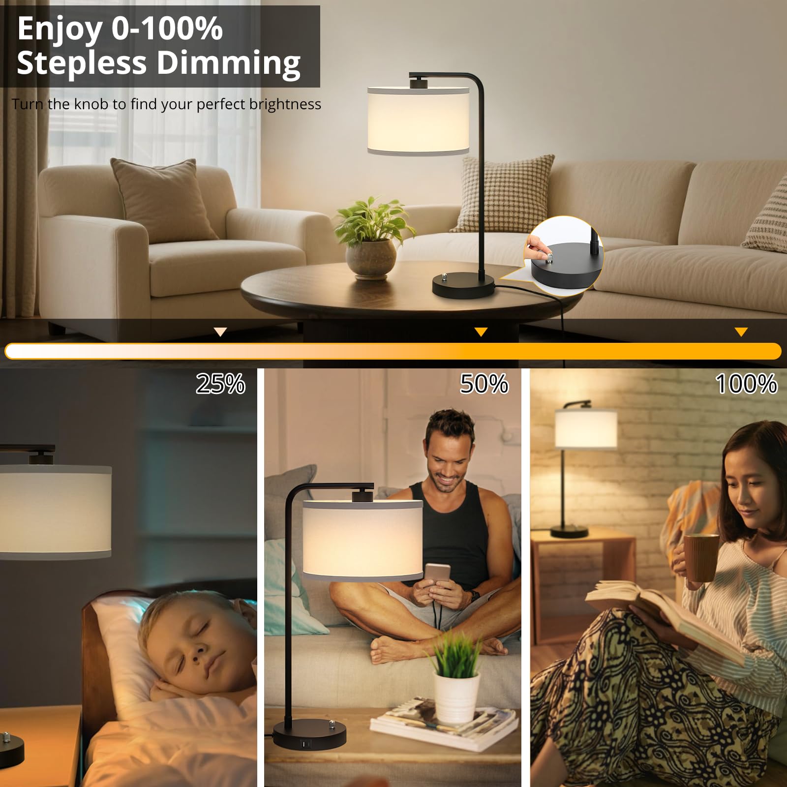 Table Lamps Set of 2, Fully Dimmable Bedside Lamp with USB C+A Charging Ports, Modern Nightstand Lamps with Linen Fabric Shades, Tall Desk Lamp for Bedroom, Living Room, Office, LED Bulb Included