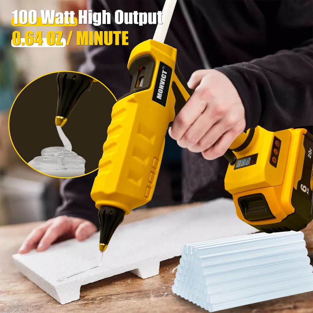 MONVICT Cordless Glue Gun for Dewalt 20V Battery, Upgraded 100W Digital Temperature Adjustable Handheld Electric Power Full Size Heavy Duty Hot Glue Gun with 10 Glue Sticks (Battery Not Included)