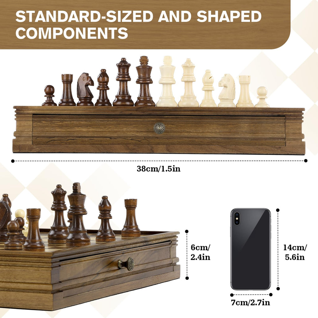 Peradix Magnetic Chess and Checkers Set with 2 Built-in Storage Drawers, Classic 2 in 1 Wooden Board Games, Magnetic Chess Pieces 2 Extra Queens, 12.8" Chess Set for Adults and Kids Gift Package