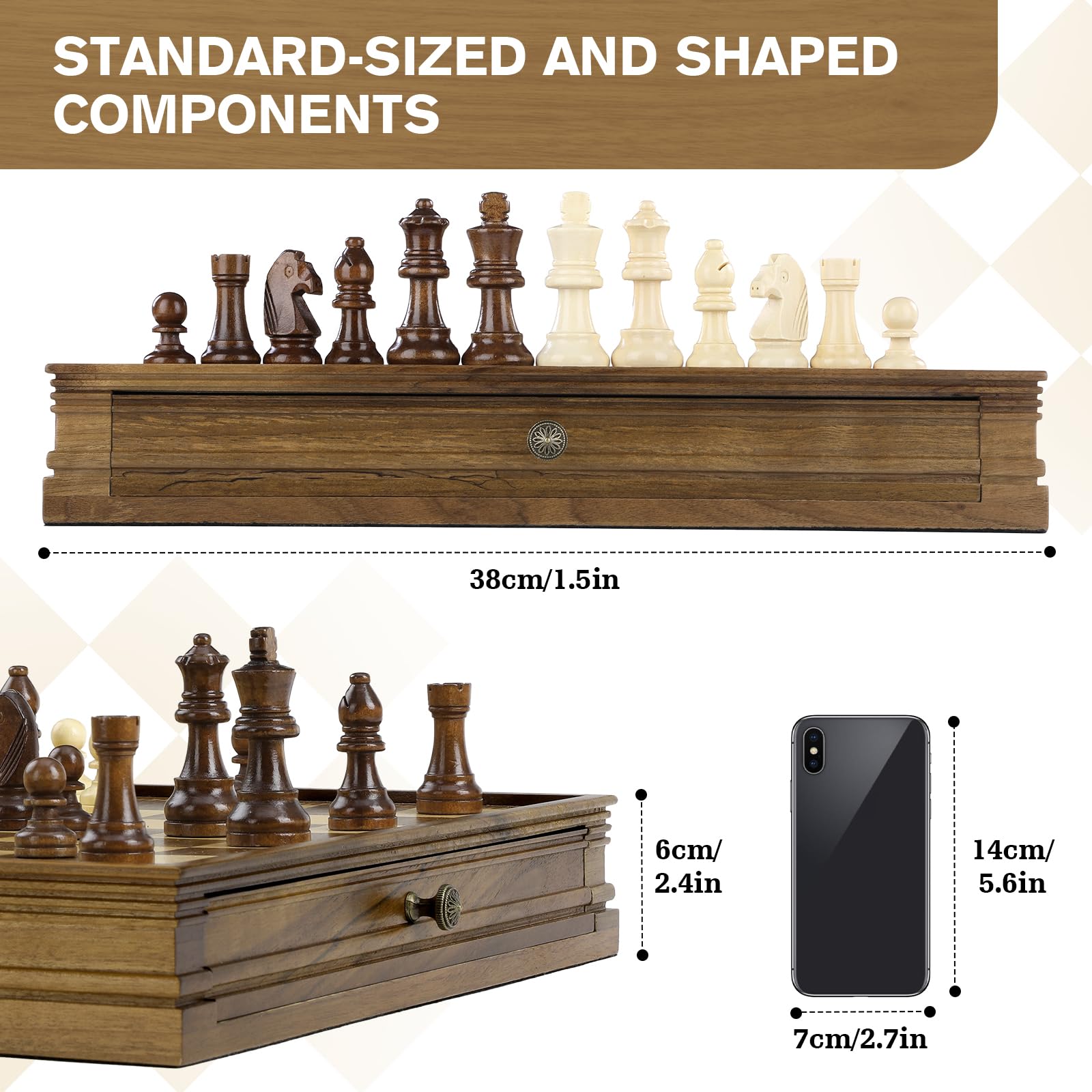 Peradix Magnetic Chess and Checkers Set with 2 Built-in Storage Drawers, Classic 2 in 1 Wooden Board Games, Magnetic Chess Pieces 2 Extra Queens, 12.8" Chess Set for Adults and Kids Gift Package