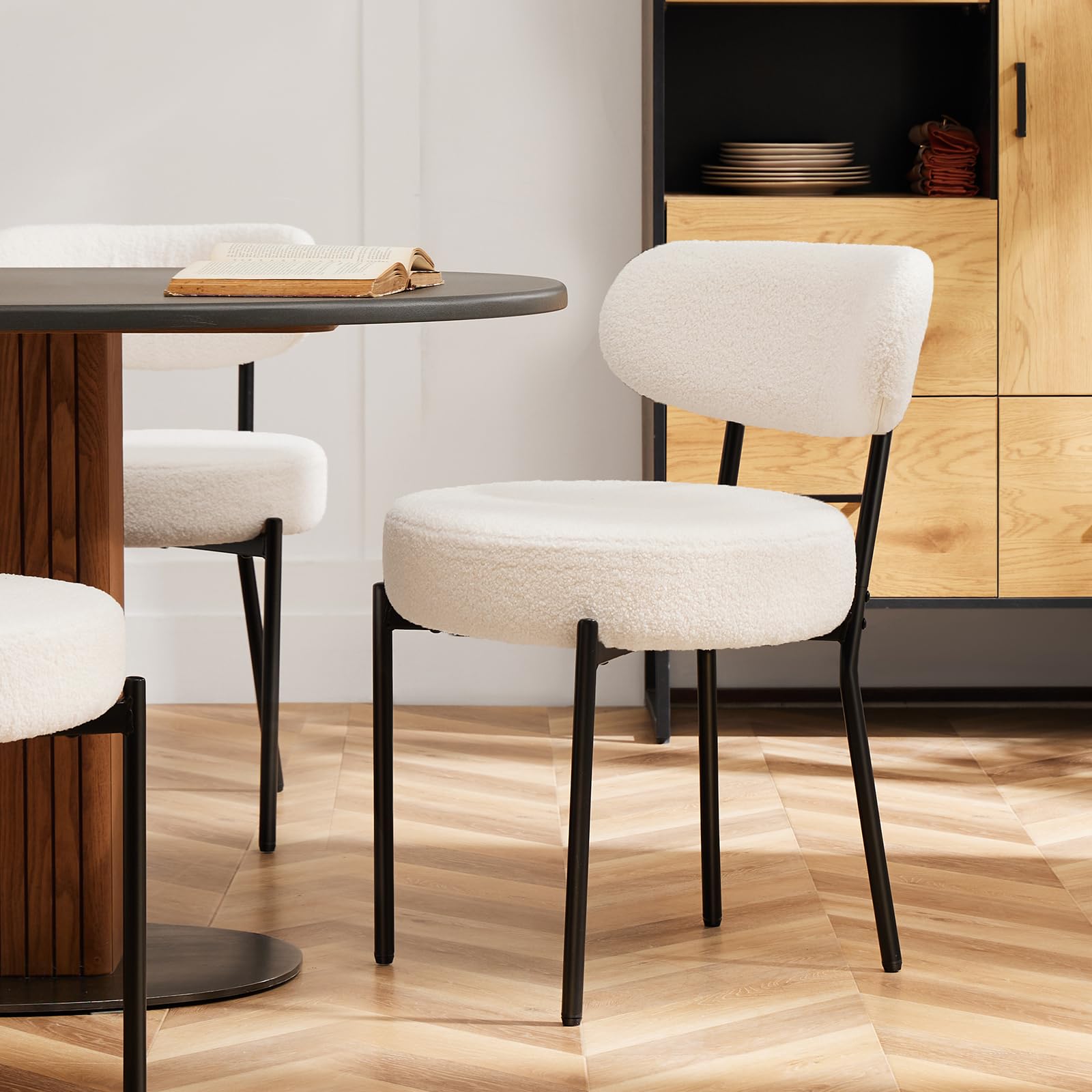 Sweetcrispy Dining Chairs Set of 2, Boucle Upholstered Modern Mid Century Round Kitchen Chairs with Curved Backrest & Metal Legs for Vanity, Living Room - Beige